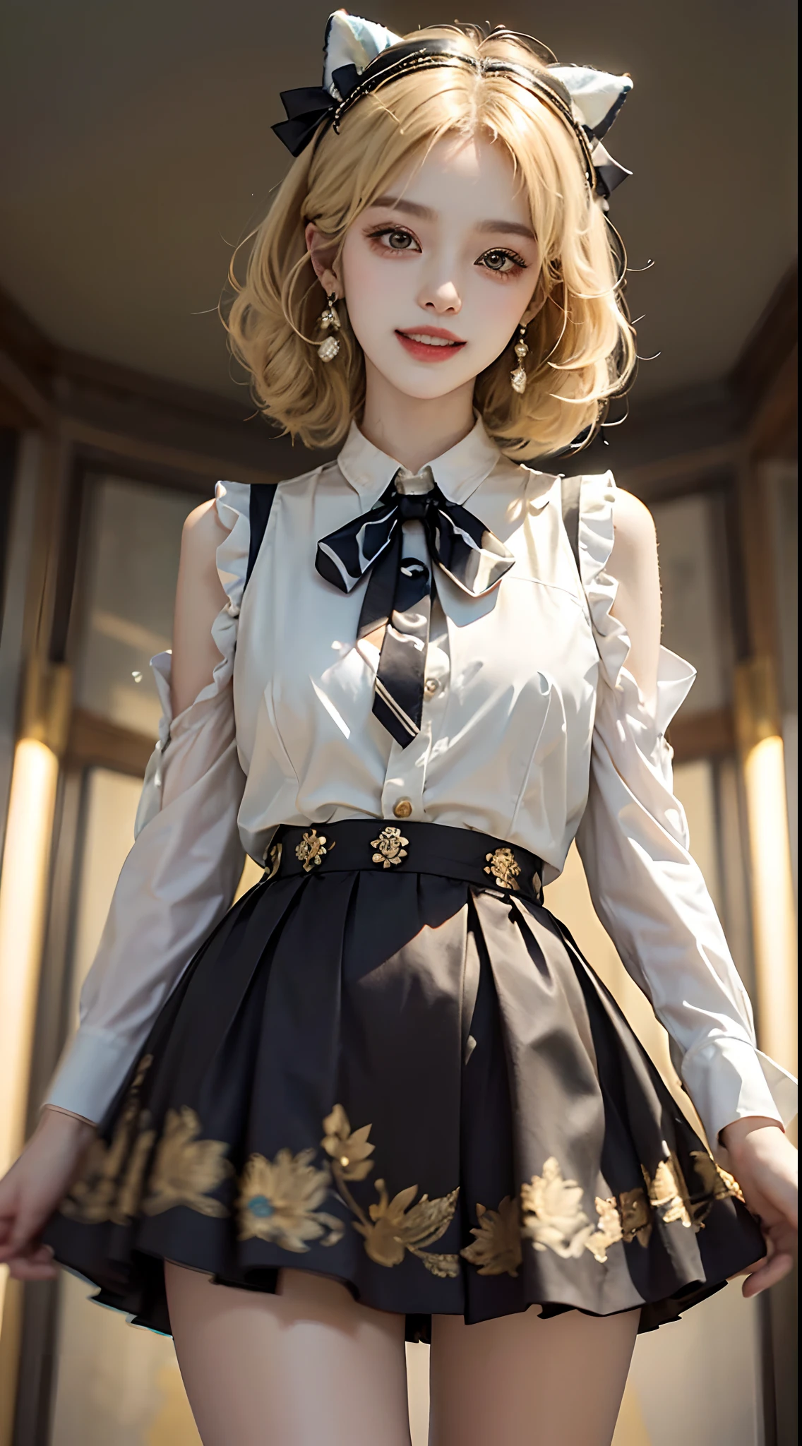 ((cowboy shot)), ((from below)), ((Side shooting)), ((realistic)), ((Standing posture, Stand up, legs crossed)), Mall elevator, Detailed scenes, 1girll, looking toward the viewer, (grin, Leaking teeth), Asian model, curlies, Air bangs, Beautiful hair accessories, Brownish-yellow hair,((White color blouse, vest, neck bowtie, Short black skirt)), ((Campus style)), (warm lights, a warm color palette), Detailed details, ultra-detailliert, (tmasterpiece, best qualtiy), (An extremely delicate and beautiful work), Delicate earrings, Simple blurred background, Extreme detail description, Ultra-fine painting, Delicate face, slim toned body