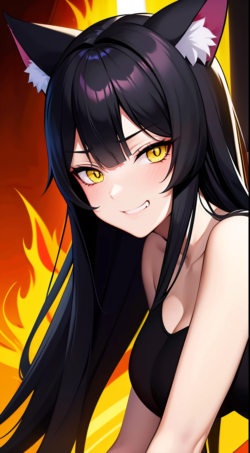 wallpapers, 4K, anime style, masterpiece, 1girl，solo，cat ears, cat tail，middle black hair，yellow pupils，yellow eyes, catgirl, neko, a little immature，smug, adorable, badass, fire behind, looking at viewer, smirk