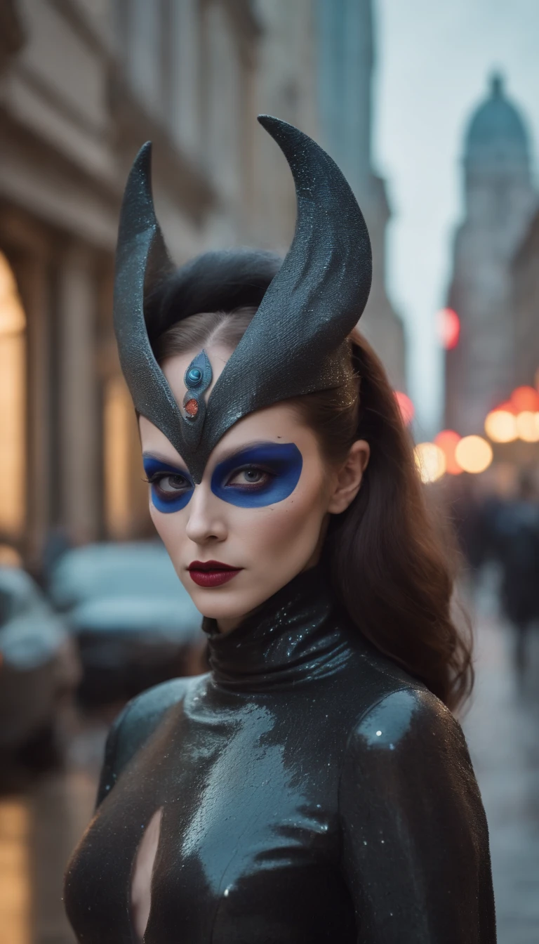 8k portrait of a 1970s science fiction film by Wes Anderson, gotic Vogue anos 1970, gotic style preto e roxo , There are people wearing strange futuristic chameleon masks and wearing extravagant retro fashion outfits and men and women wearing alien makeup and antique ornaments with mechanical pets in the city with a lightning scene of terror , , Psicodelia, futurista estranho, fotorrealista, hiper detalhado, foco nítido, Intrinsic, Fuji filmes 55mm,