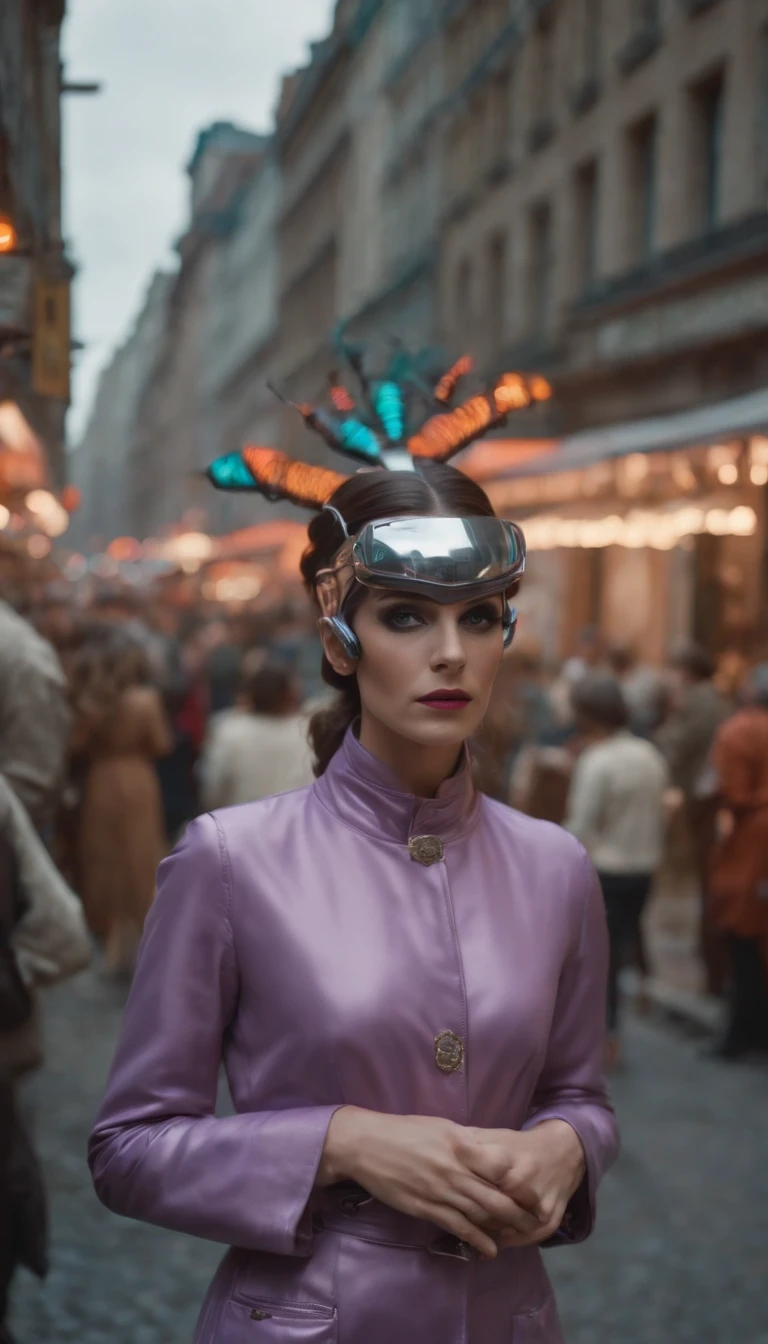 8k portrait of a 1970s science fiction film by Wes Anderson, gotic Vogue anos 1970, gotic style preto e roxo , There are people wearing strange futuristic chameleon masks and wearing extravagant retro fashion outfits and men and women wearing alien makeup and antique ornaments with mechanical pets in the city with a lightning scene of terror , , Psicodelia, futurista estranho, fotorrealista, hiper detalhado, foco nítido, Intrinsic, Fuji filmes 55mm,