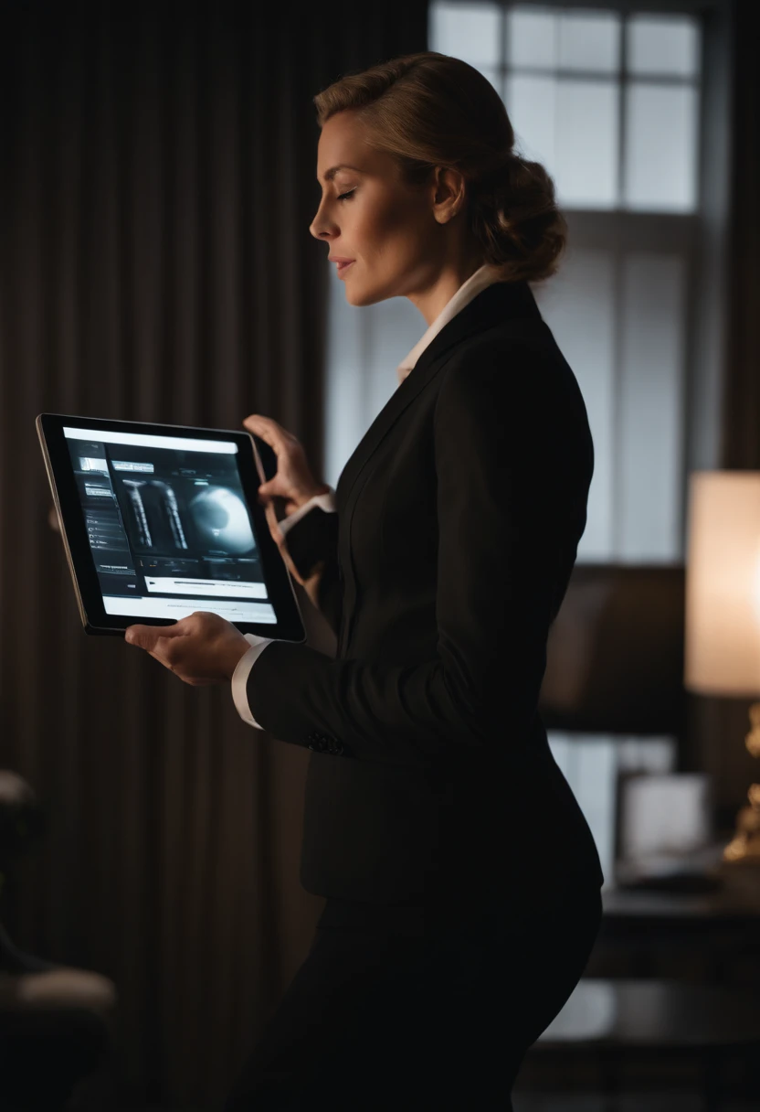 woman in a suit using a tablet computer in a room, working, still from a live action movie, as a super villain, full device, using a magical tablet, as a super villain, profile pose, [ realistic photo ], serious business, lazy, elegant look