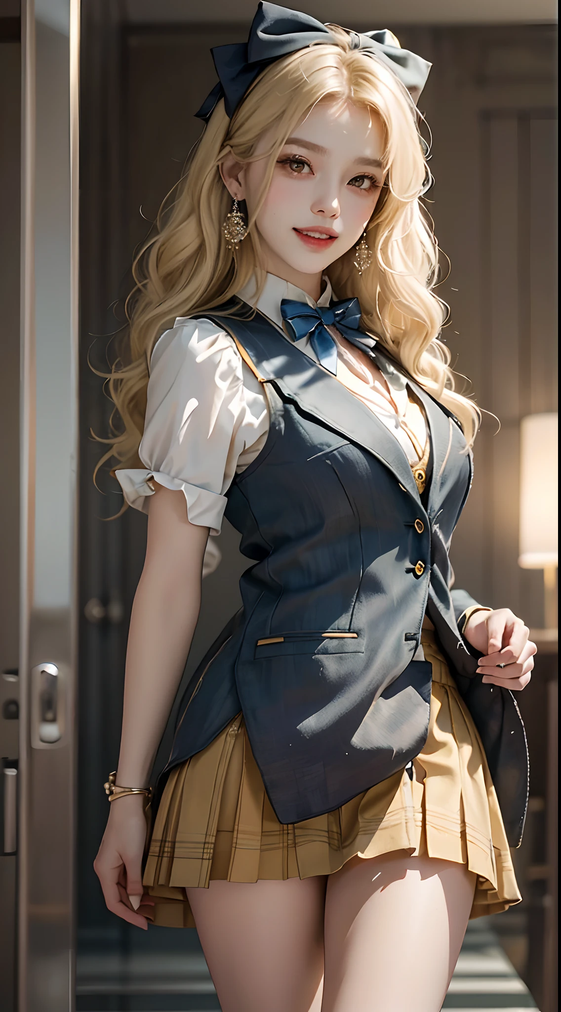 ((cowboy shot)), ((from below)), ((Side shooting)), ((realistic)), ((Standing posture, Stand up, legs crossed)), Mall elevator, Detailed scenes, 1girll, looking toward the viewer, (grin, Leaking teeth), Asian model, curlies, Air bangs, Beautiful hair accessories, Brownish-yellow hair,((White color blouse, vest, neck bowtie, Short black skirt)), ((Campus style)), (warm lights, a warm color palette), Detailed details, ultra-detailliert, (tmasterpiece, best qualtiy), (An extremely delicate and beautiful work), Delicate earrings, Simple blurred background, Extreme detail description, Ultra-fine painting, Delicate face, slim toned body