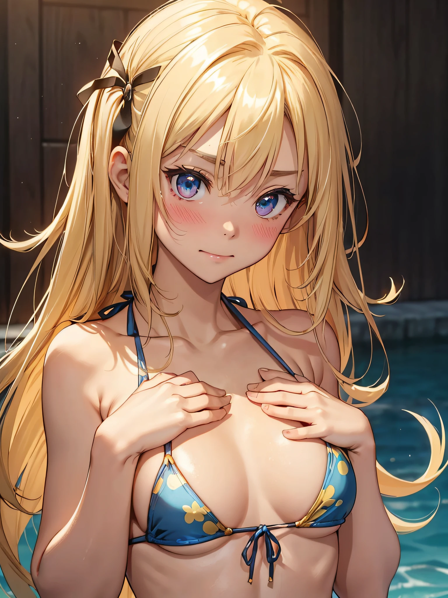 (masterpiece)、(top-quality)、(extremly tiny bikini:1.5)、(blushed face:1.3)、(hide your chest with both hands:1.5)、Almost naked、a beauty girl、Embarrassed look、A slight smil、a very cute、Clear eyes、Shining eyes、large udder、Tummy is visible、cleavage of the breast、lower abdom、An ultra-high picture quality、ultra-definition、Photorealsitic、Golden hair