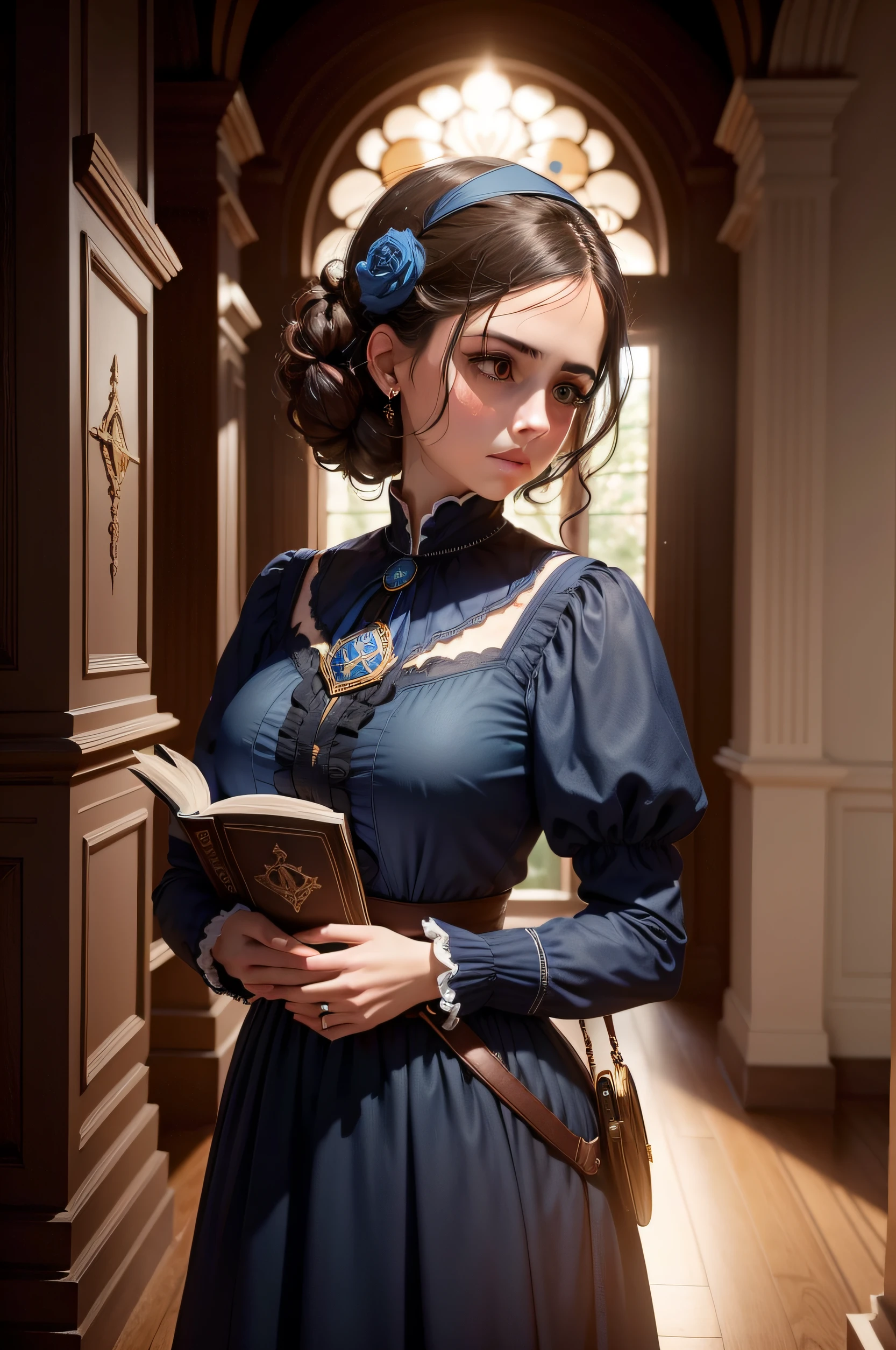 Create the image of a 19th century woman, de vestido azul claro, inside a Masonic temple, with Masonic symbols on the dress and a book in the hand. Put more Masonic symbols on women's clothing. melhor qualidade, Hiper realista, Cinematographic photo, feminino, 8k, Epic composition, fotorrealista, foco nítido), fundo elaborado, DSLR, detalhes intrincados, thirds rule,