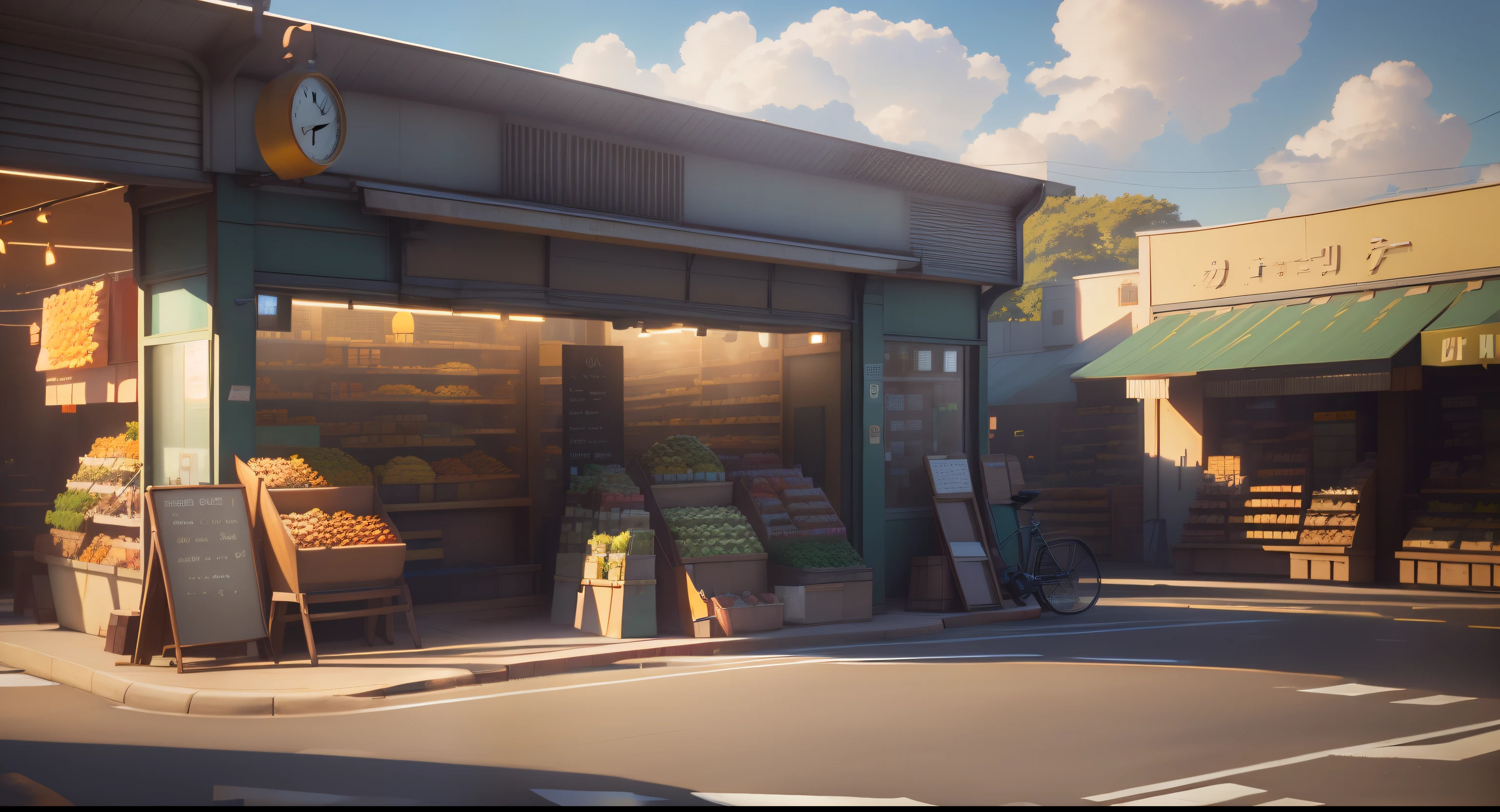 morning, there is a store front with a sign, food market, sunlight, rendered in arnold, photorealistic render in octane, in the art style of filip hodas, high detailed store, detailed cinematic render, daily render, photorealistic streetscape, octane render. by makoto shinkai, photorealistic cinematic render, adventure hyper realistic render