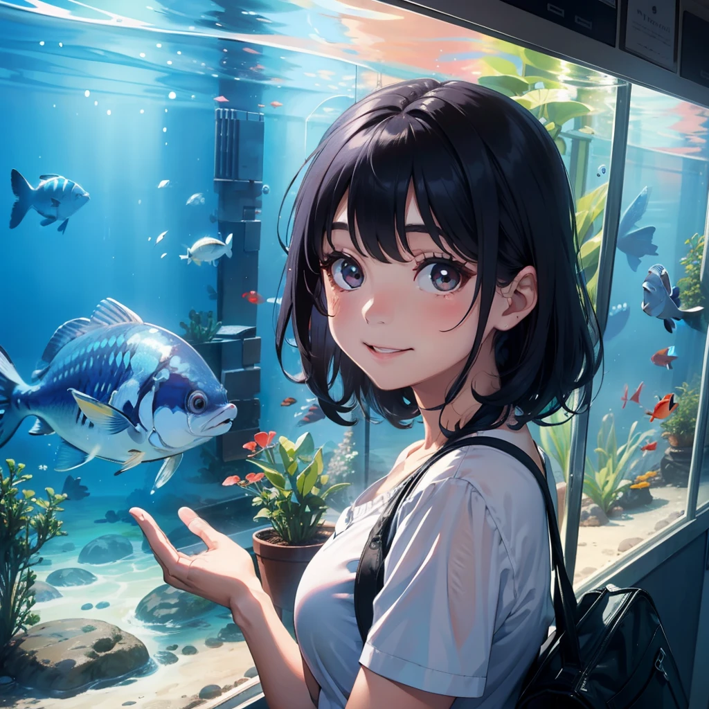 1 beauty,Watery Big Eyes,Happy smile,long eyelasher,falda corta,Blushlush,In front of the aquarium aquarium,