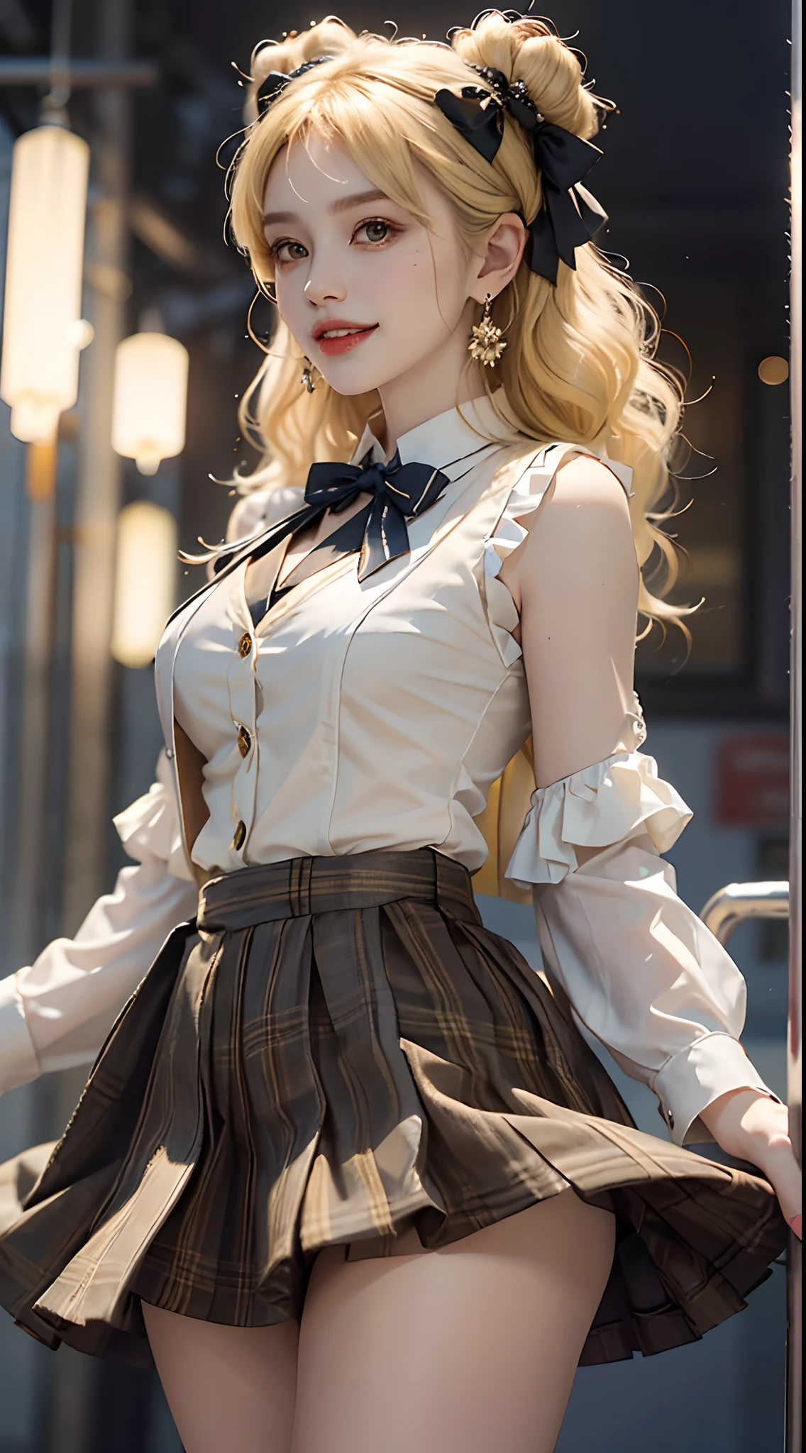 ((cowboy shot)), ((from below)), ((Side shooting)), ((realistic)), ((Standing posture, Stand up, legs crossed)), Mall elevator, Detailed scenes, 1girll, looking toward the viewer, (grin, Leaking teeth), Asian model, curlies, Air bangs, Beautiful hair accessories, Brownish-yellow hair,((White color blouse, vest, neck bowtie, Short black skirt)), ((Campus style)), (warm lights, a warm color palette), Detailed details, ultra-detailliert, (tmasterpiece, best qualtiy), (An extremely delicate and beautiful work), Delicate earrings, Simple blurred background, Extreme detail description, Ultra-fine painting, Delicate face, slim toned body