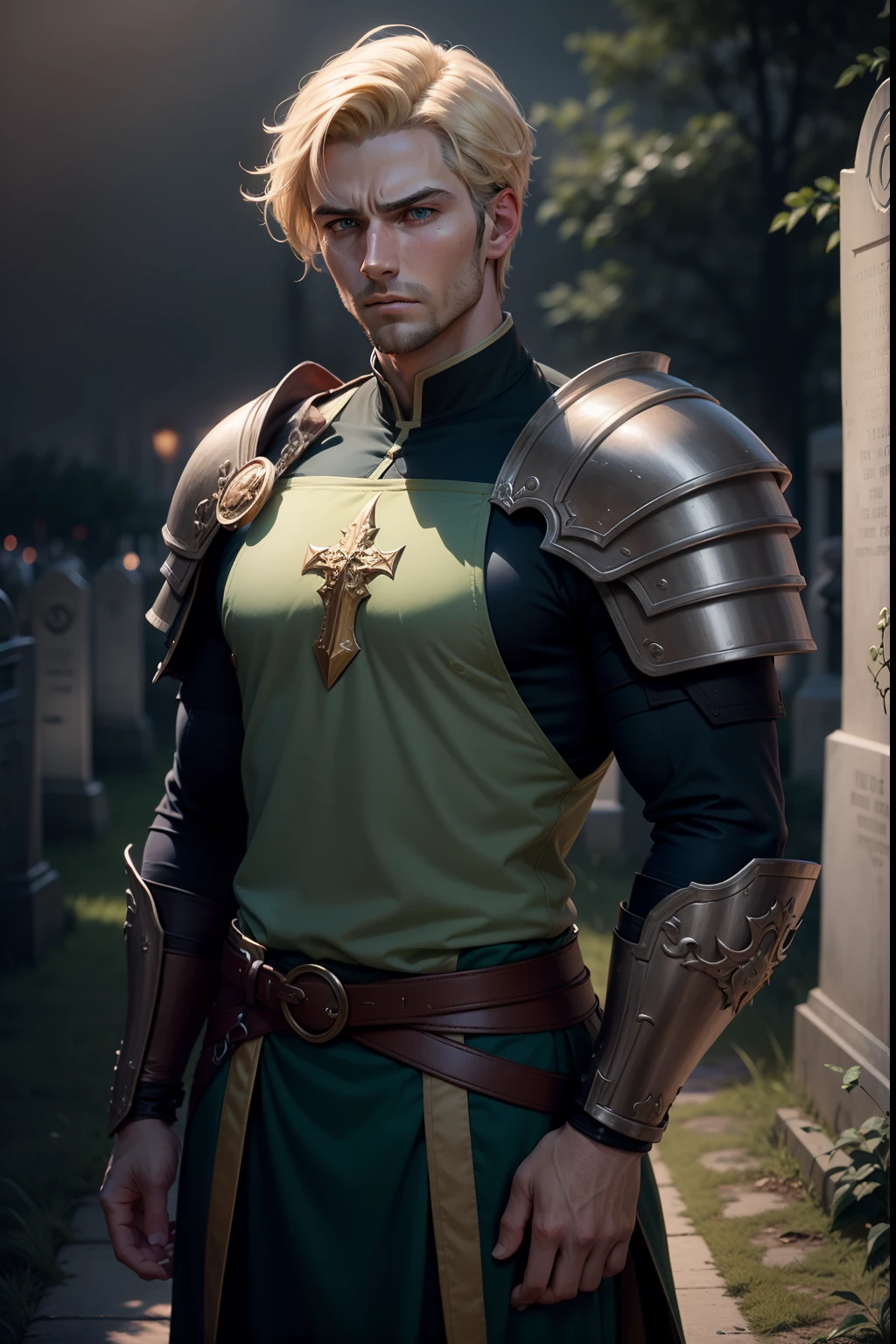 Realistic 8K image of a handsome man in his early 30s, blond short hair, strong, extremely detailed green eyes, dressed in dark clerical clothes and with dark green RPG warrior style shoulder pads, expression of grief, looking down in a cemetery night, anime style artwork