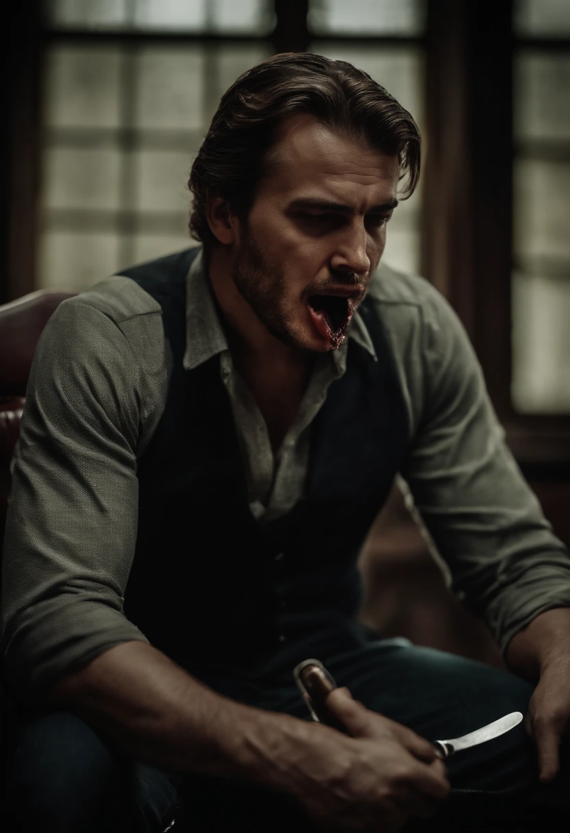 A man is sitting on a chair and cuts his tongue with a knife, which is why it is bleeding