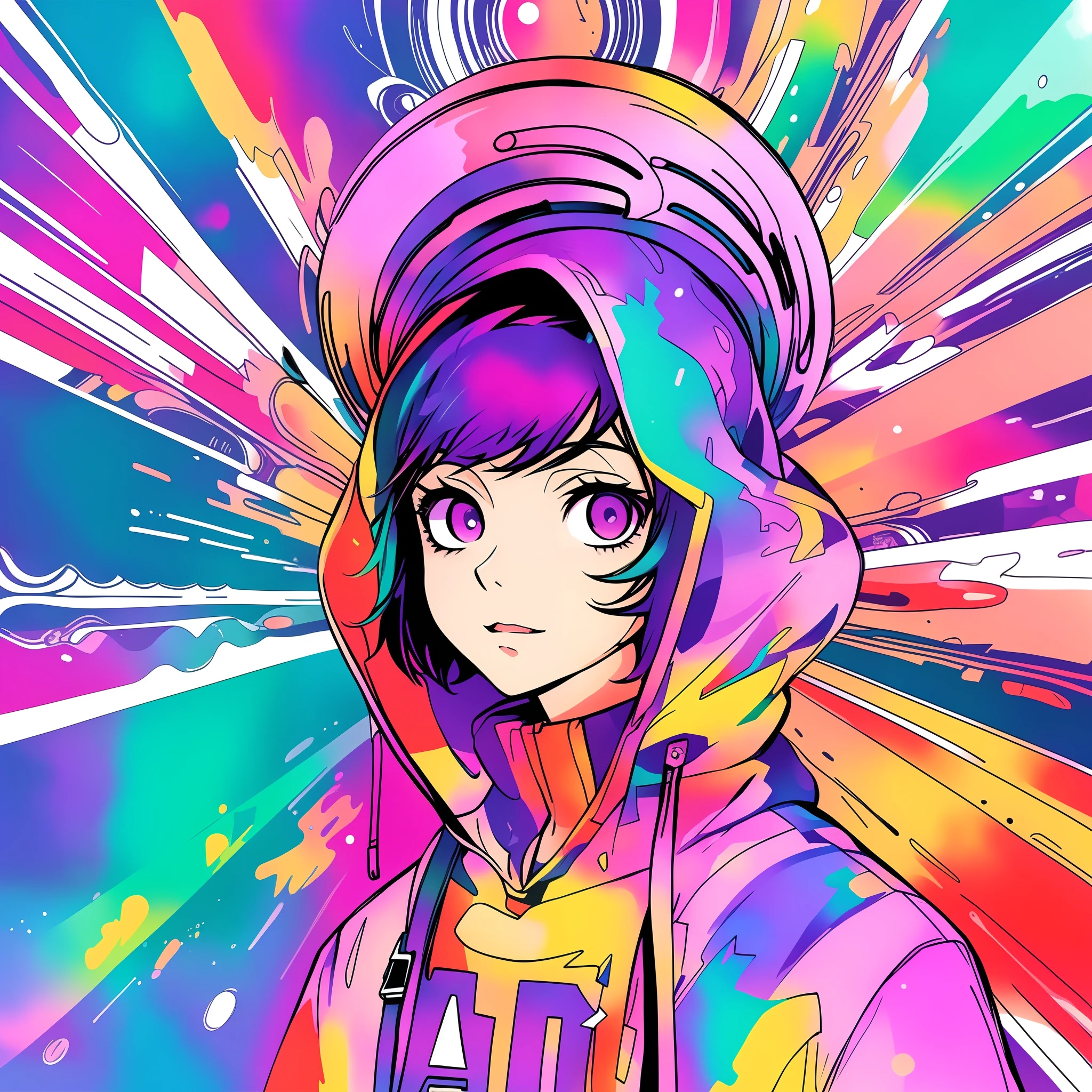 Anime girl with hoodie and hoodie on colorful background, anime style 4 k, cyberpunk anime girl in hoodie, anime style illustration, jen bartel, digital art in anime style, anime art wallpaper 4k, anime art wallpaper 4k, digital art in anime style, highly colorful,portrait anime space cadet girl, rossdraws cartoon vibrant, digital anime illustration, anime style artwork, anime abstract art