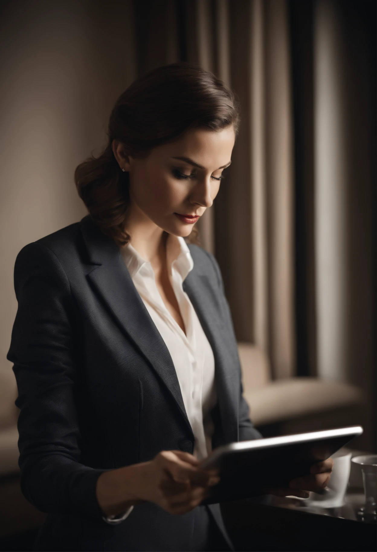 woman in a suit using a tablet computer in a room, working, still from a live action movie, as a super villain, full device, using a magical tablet, as a super villain, profile pose, [ realistic photo ], serious business, lazy, elegant look