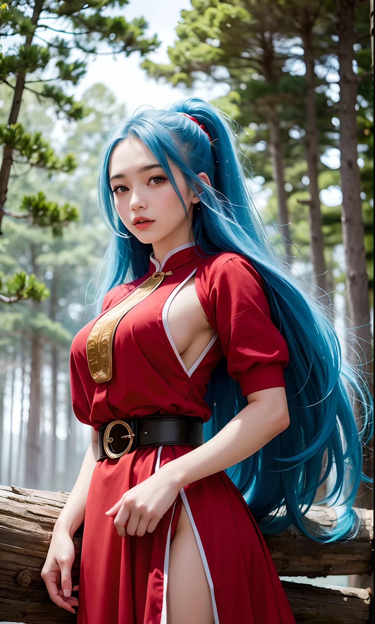 Young woman 18-years old, straight light blue hair, (free long hair) , dressed as a shaolin monk, (red and white dress), forest background, masterpiece, hyperdetailed, belt with big round buckle, bandages in the hands,