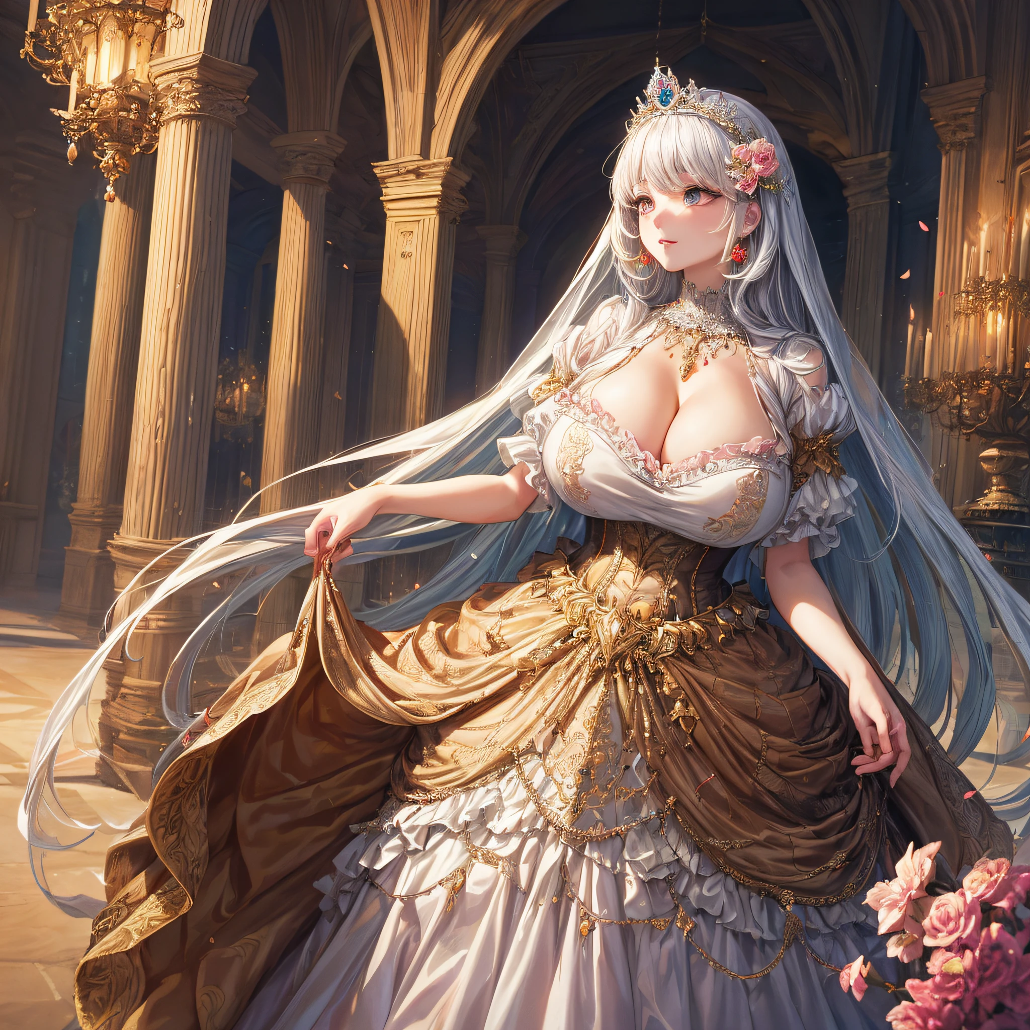 (masterpiece, best quality,extremely detailed,moe anime art style:1.1),1girl,full body, ((solo)), cute, kawaii,digital art,((1 bling-bling anime princess wearing beautiful embroidery and jeweled ruffled gorgeous princess ballgown with voluminous full length hoop skirt)),((crinoline)),long train,voluminous frills,(gorgeous embroidery and beautiful lace),(very gigantic boobs,cleavage,skindentation),((shiny hair,very long straight hair)),((finely detailed face and eyes)),clear pupil,extremely gorgeousfull hair ornament,(bling-bling jeweled extremely gorgeousfull tiara),((bling-bling gorgeous gemstone jewelry)),long veil,((beautiful background,fantasy)),flowers,flower petals flowing,full body,looking away,((beautiful embroidery and jeweled ruffled gorgeous princess ballgown with voluminous full length hoop skirt))