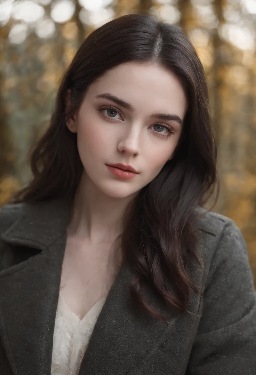 beautiful girl with realistic black eyes, pale skin, mid-length black hair, perfect face, perfect eyes, wearing coat, highly detailed, comprehensive cinematic, digital painting, 8k, cinematic lighting, best quality, highres, detailed work, post-processing, perfect result, hyper realistic