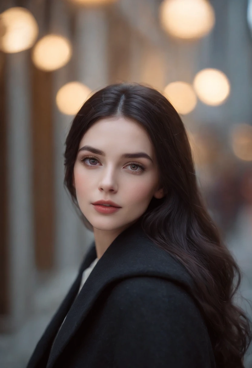 beautiful girl with realistic black eyes, pale skin, mid-length black hair, perfect face, perfect eyes, wearing coat, highly detailed, comprehensive cinematic, digital painting, 8k, cinematic lighting, best quality, highres, detailed work, post-processing, perfect result, hyper realistic