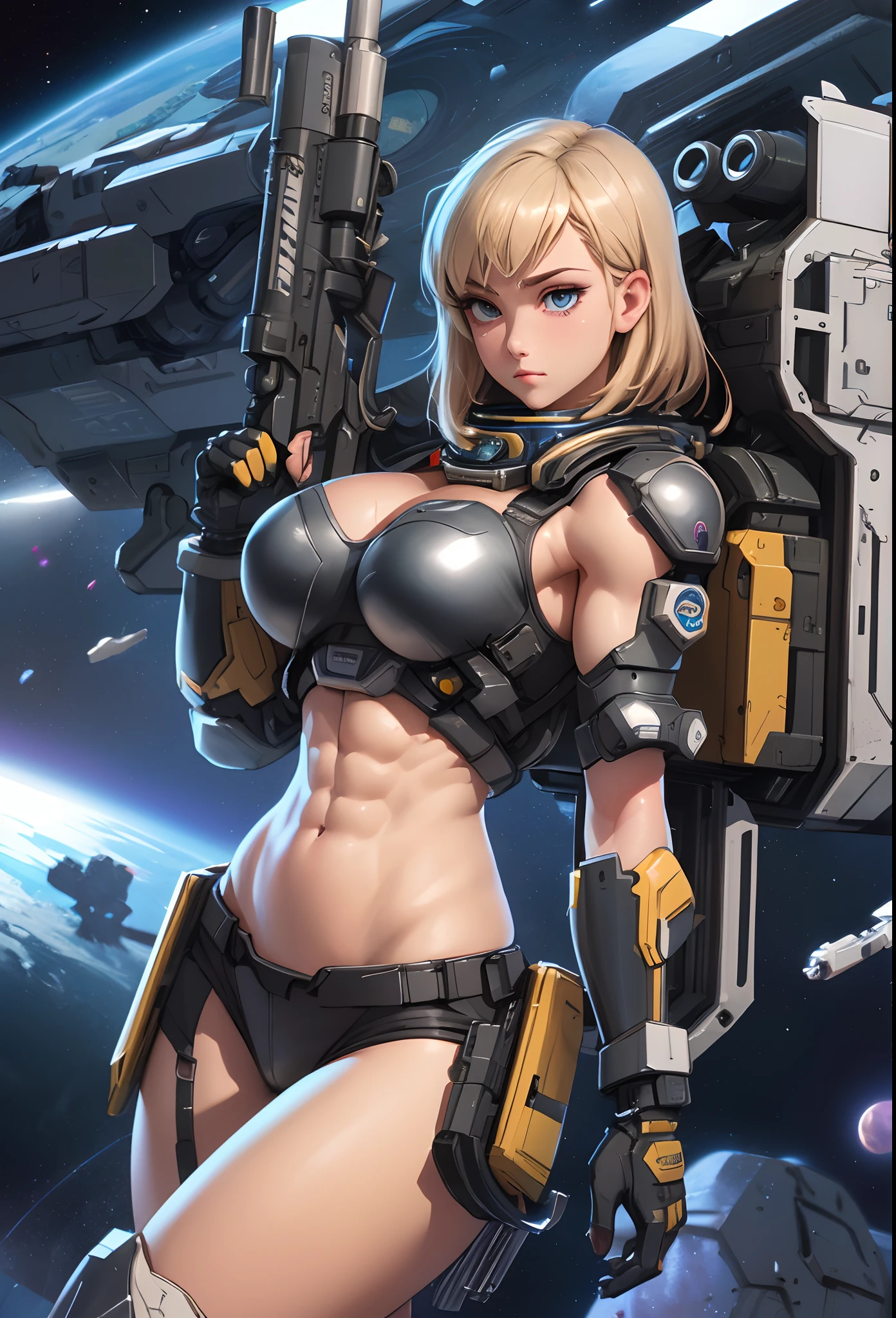 (Artwork of exceptional craftsmanship),(Detailed illustrations,(Very ideal anatomy),Very detailed and detailed drawing,Delicate lines with slow and rapid,(Realistic texture expression)),[Color tressed main line],(Space Battlefield [Space Mobile Fortress]),[独奏],HENTAI (((ANIME) BIONICGirl) Beauty 15 years old ((well-muscled) [plump])) (Astronauts Cyborg) [Space Marine Corps Military [MASCHINEBODY]],Bullet Belt Javelin [[Firearms, Machine Guns, Bazookas] Saber Rifle ][[Rocket Pack]],Zero Gravity Front,gravure [[White Devil] [Outer space combat]] Battle Damage,[retro-futuristic],(Fine and beautiful skin expression [Transparency]),(Beautiful perfect face [Realistic face details:0.8]),[[Perfect eye details [Eyes beautifully drawn down to the smallest detail]]],[Fine hair details],(Perfect hand details),(Perfectly proportioned:1.2),([Advanced structural understanding of materials],Ideal color coordination),([Precision Detail],HighQuality,hight resolution),[(Accurate simulation of light-material interactions),Mechanically correct representation,Perfect Anatomy],[Graffiti art with a sense of narrative].