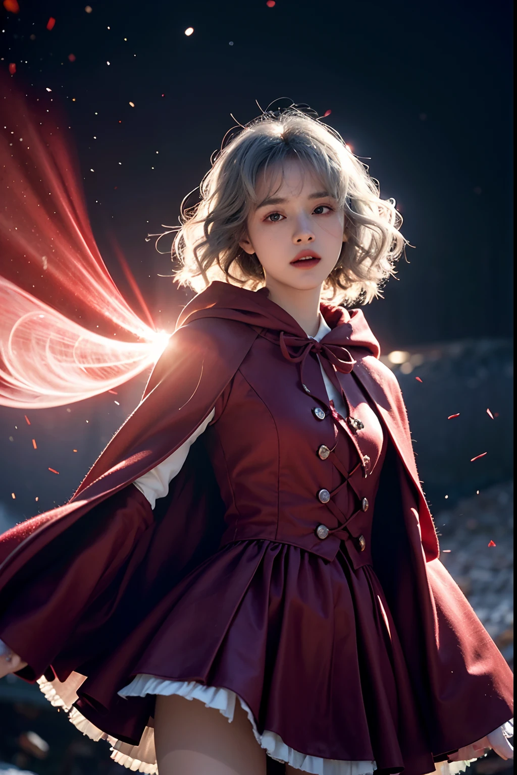 RAW photo, full sharp, (Full HD epic wallpaper) 8K  UHD, Digital SLR, Soft lighting, High quality, filmgrain, Fujifilm XT3, hiqcgbody, (1人, Kizi:1.2), vulnerable, Red eyes, Gray hair, buzz cut, Style - Gravity magic, Portrait, Looking down, Solo, Half shot, Detailed background, Detailed face, Pale complexion,(( Lolita costume)), redcloak, Cape, Hood, malicious expression, The scarlet symbol rotates in the air,( Floating particles, Fire particles, particle fx), Skylight color scheme, Blood sacrifice, blood stain, red flames, the are In the background, Surrounded by a crimson mist, Sunset, symetrical composition, Epic atmosphere,