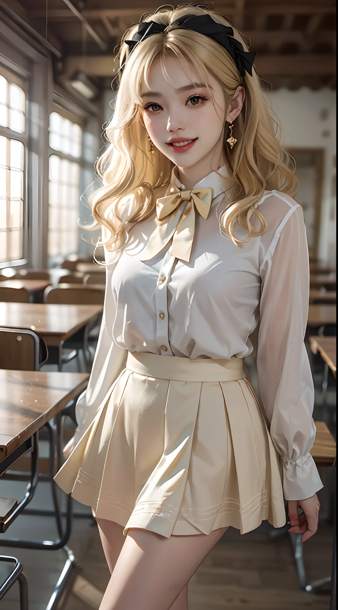 ((knee shot)), ((Parallel perspective)), ((Side shooting)), ((realistic)), ((Standing posture, Stand up, legs crossed)), inside a classroom, 1girll, looking toward the viewer, (grin, Leaking teeth), Asian model, curlies, Air bangs, Beautiful hair accessories, Brownish-yellow hair,((White color blouse, neck bowtie, Short black skirt)), ((Campus style)), (warm lights, a warm color palette), Detailed details, ultra-detailliert, (tmasterpiece, best qualtiy), (An extremely delicate and beautiful work), Delicate earrings, Simple blurred background, Extreme detail description, Ultra-fine painting, Delicate face, slim toned body