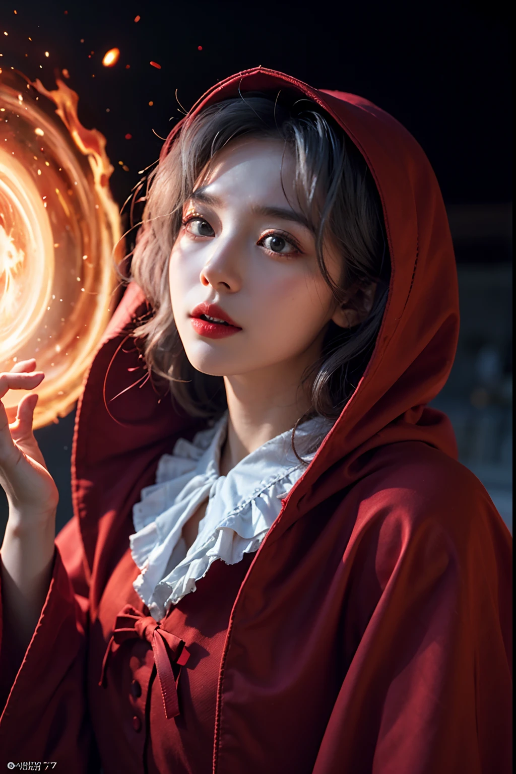 RAW photo, full sharp, (Full HD epic wallpaper) 8K UHD, Digital SLR, Soft lighting, High quality, filmgrain, Fujifilm XT3, hiqcgbody, (1人, Kizi:1.2), vulnerable, Red eyes, Gray hair, buzz cut, Style - Gravity magic, Portrait, Looking down, Solo, Half shot, Detailed background, Detailed face, Pale complexion,(( Lolita costume)), redcloak, Cape, Hood, malicious expression, The scarlet symbol rotates in the air,( Floating particles, Fire particles, particle fx), Skylight color scheme, Blood sacrifice, blood stain, red flames, the are In the background, Surrounded by a crimson mist, Sunset, symetrical composition, Epic atmosphere,