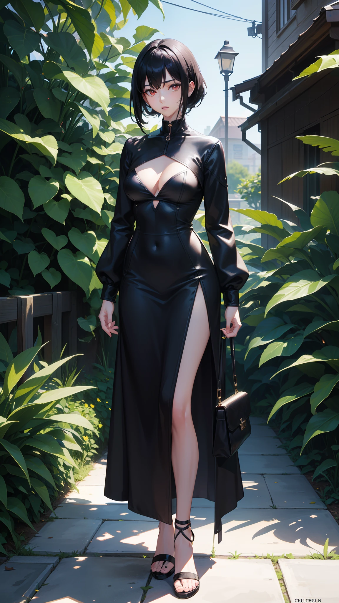 1girl, beautiful girl, Body Length 150 cm, 20 years old, ((The girl is standing)), full body, (short black hair, Street Hairstyle) , (Red eyes), realistic eyes, beautiful and sharp eyes), masculine clothing, Hip hop clothing, medium breasts, (8k wallpaper), (Botanical Garden wallpaper), 8k, high quilty, realistic, beautiful realistic, Cool details, raw photo, realistic clothing, realistic hair, realistic eyes, Light and cool lighting, photo realistic, Cel shaded, Gel lighting, ultra details