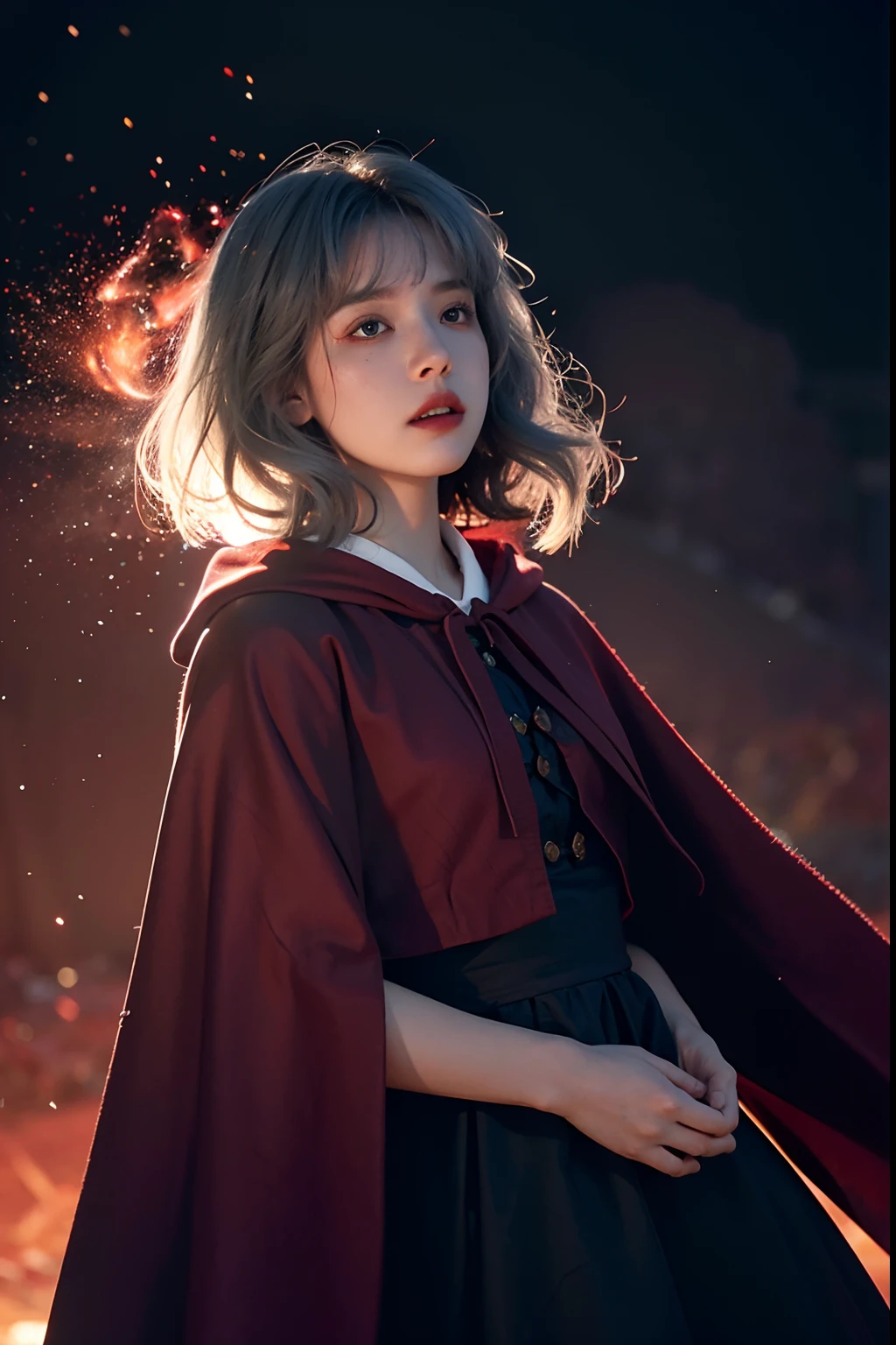 RAW photo, full sharp, (Full HD epic wallpaper) 8K UHD, Digital SLR, Soft lighting, High quality, filmgrain, Fujifilm XT3, hiqcgbody, (1人, Kizi:1.2), vulnerable, Red eyes, Gray hair, buzz cut, Style - Gravity magic, Portrait, Looking down, Solo, Half shot, Detailed background, Detailed face, Pale complexion,(( ta costume)), redcloak, Cape, Hood, malicious expression, The scarlet symbol rotates in the air,( Floating particles, Fire particles, particle fx), Skylight color scheme, Blood sacrifice, blood stain, red flames, the are In the background, Surrounded by a crimson mist, Sunset, symetrical composition, Epic atmosphere,