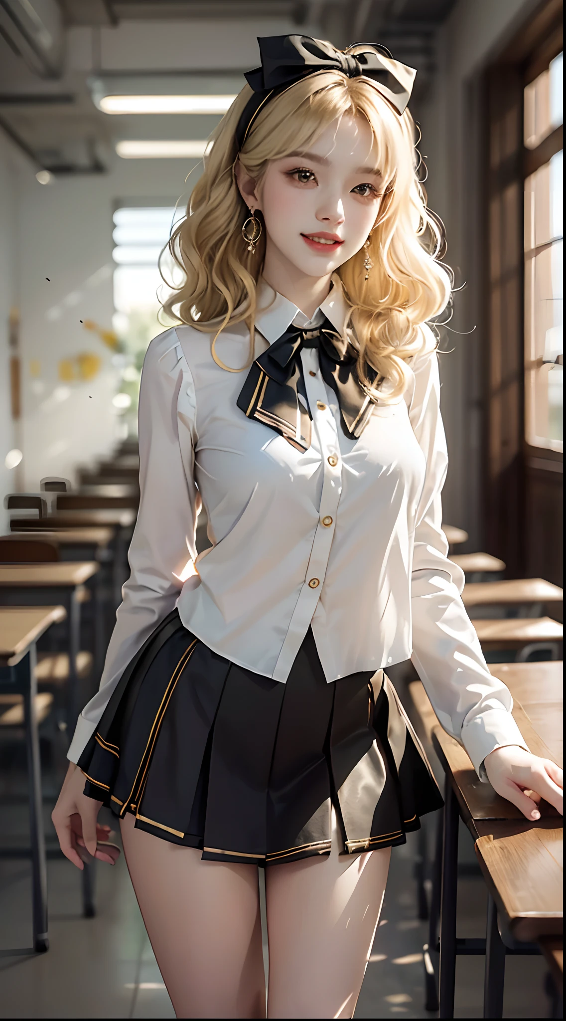 ((knee shot)), ((Parallel perspective)), ((Side shooting)), ((realistic)), ((Standing posture, Stand up, legs crossed)), inside a classroom, 1girll, looking toward the viewer, (grin, Leaking teeth), Asian model, curlies, Air bangs, Beautiful hair accessories, Brownish-yellow hair,((White color blouse, neck bowtie, Short black skirt)), ((Campus style)), (warm lights, a warm color palette), Detailed details, ultra-detailliert, (tmasterpiece, best qualtiy), (An extremely delicate and beautiful work), Delicate earrings, Simple blurred background, Extreme detail description, Ultra-fine painting, Delicate face, slim toned body