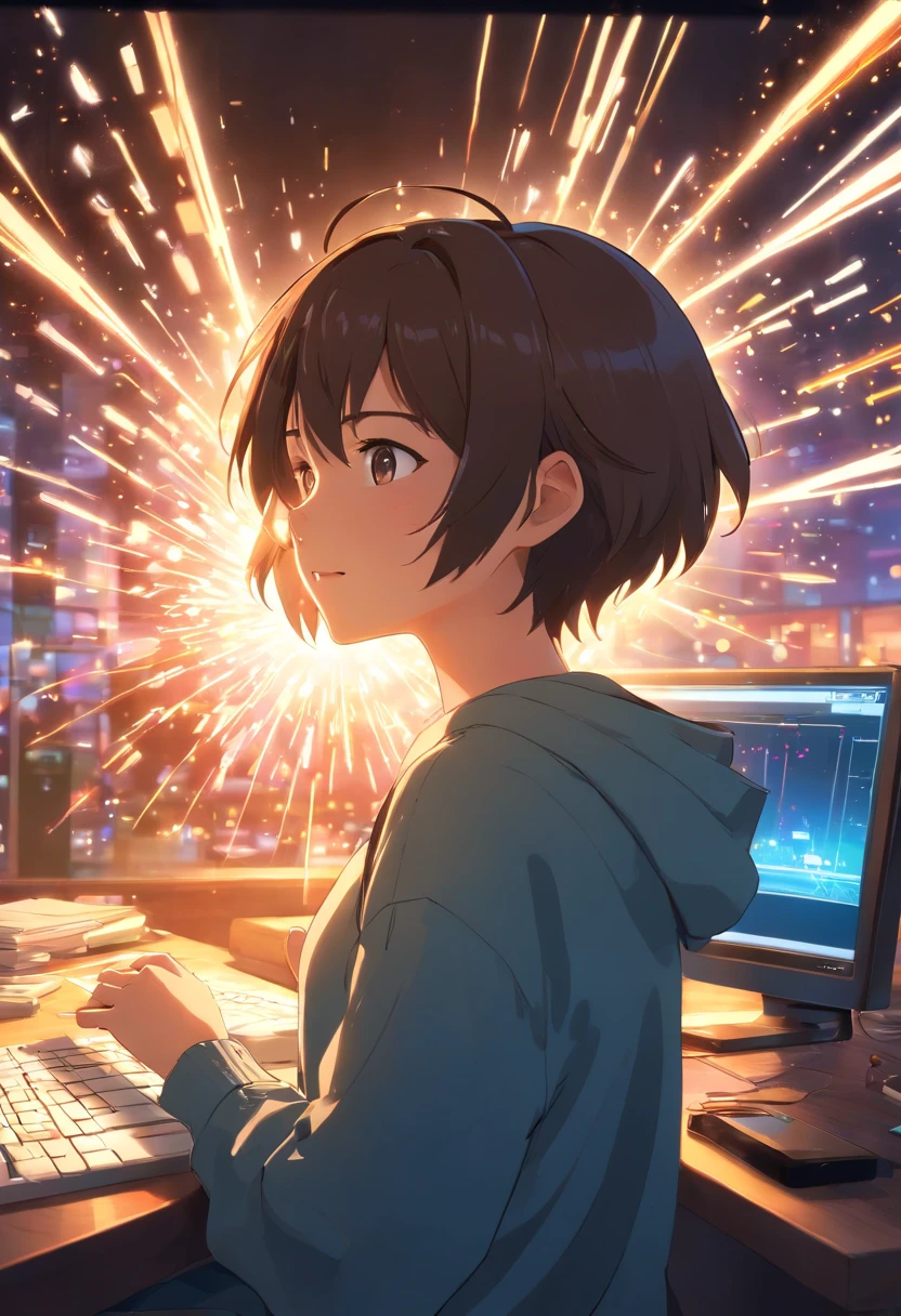 obra-prima, melhor qualidade, filme ainda, 1boy, com 15 anos, jogando no seu computador, close-up, brilhante, feliz, Soft lighting and Warm, (Sparks: 0,7)