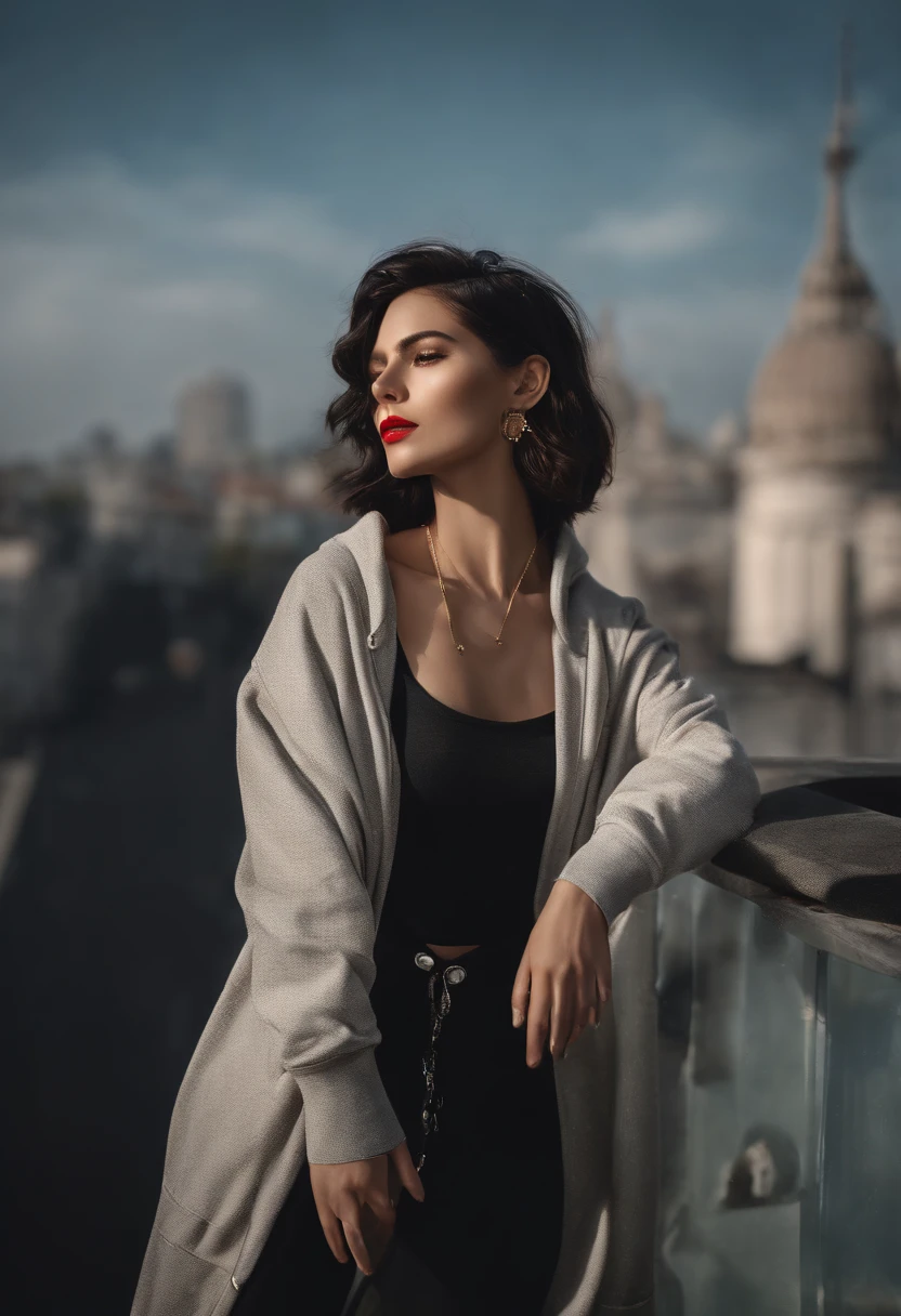 Best quality++, Ultra-detailed+, Dynamic Angle,Beautiful girl lips, Slim, Slender, Big breasts,Silver inner black hair, Short hair, Shiny hair, bangs, center-parted hair, Gold necklace, Earrings, Wrist watch, track pants, Hoodie, Hands in pockets, Looking up, City, Blue sky, It looks dazzling, The goodness within,gal make, eyeline, eye shadows, Red lipstick, cheek