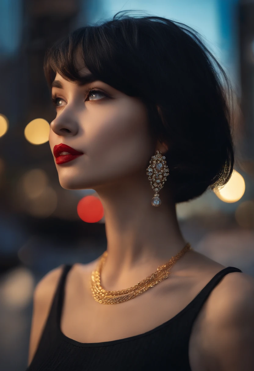 Best quality++, Ultra-detailed+, Dynamic Angle,Beautiful girl lips, Slim, Slender, Big breasts,Silver inner black hair, Short hair, Shiny hair, bangs, center-parted hair, Gold necklace, Earrings, Wrist watch, track pants, Hoodie, Hands in pockets, Looking up, City, Blue sky, It looks dazzling, The goodness within,gal make, eyeline, eye shadows, Red lipstick, cheek