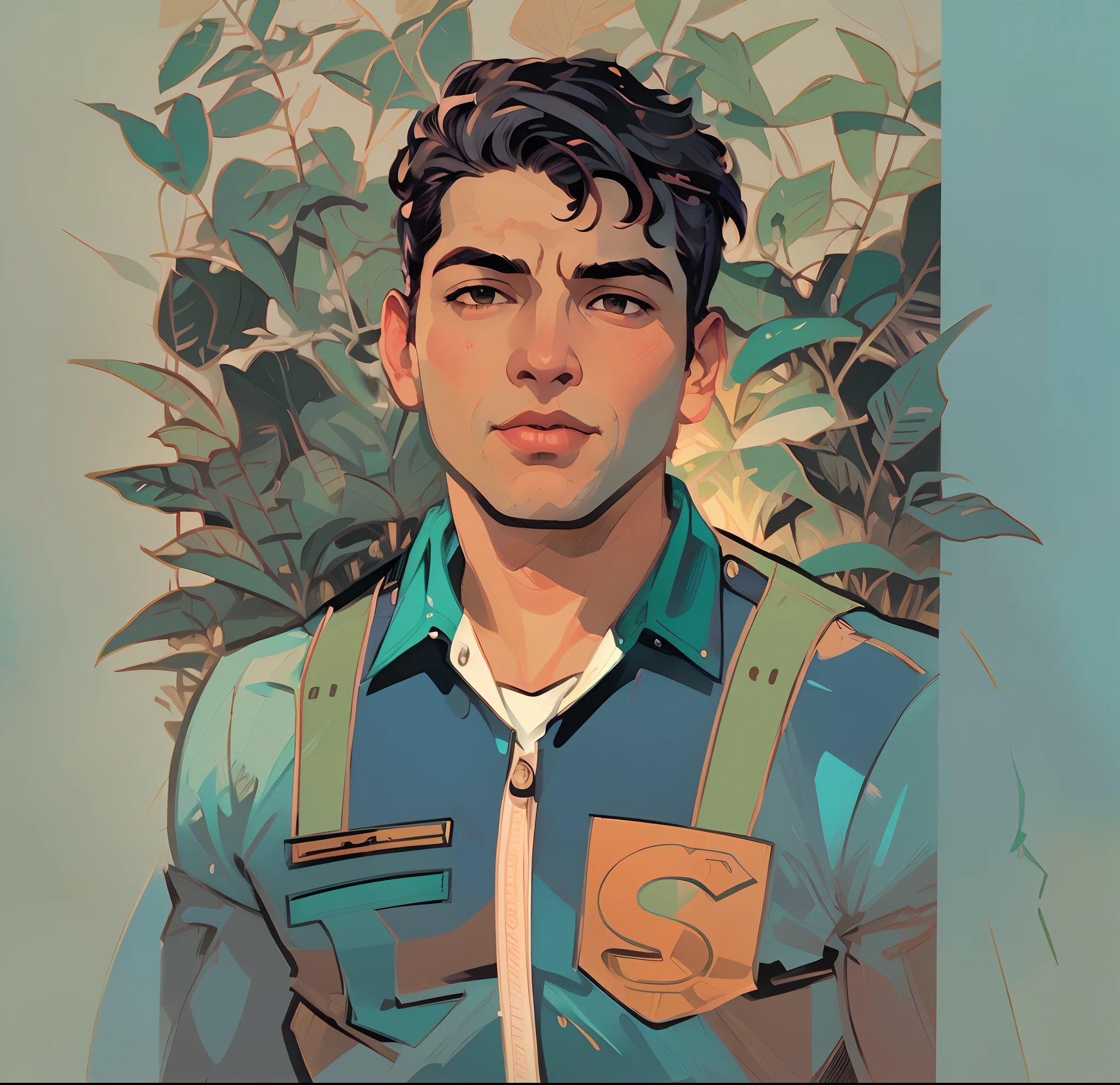 a close up of a man in a shirt and tie standing in front of a bush, portrait of jughead jones, jc leyendecker and sachin teng, textless, cliff chiang, teenage jughead jones, archie andrews, in the style of sachin teng, inspired by Adam Dario Keel, john romita senior, full color illustration, sachin teng, official art