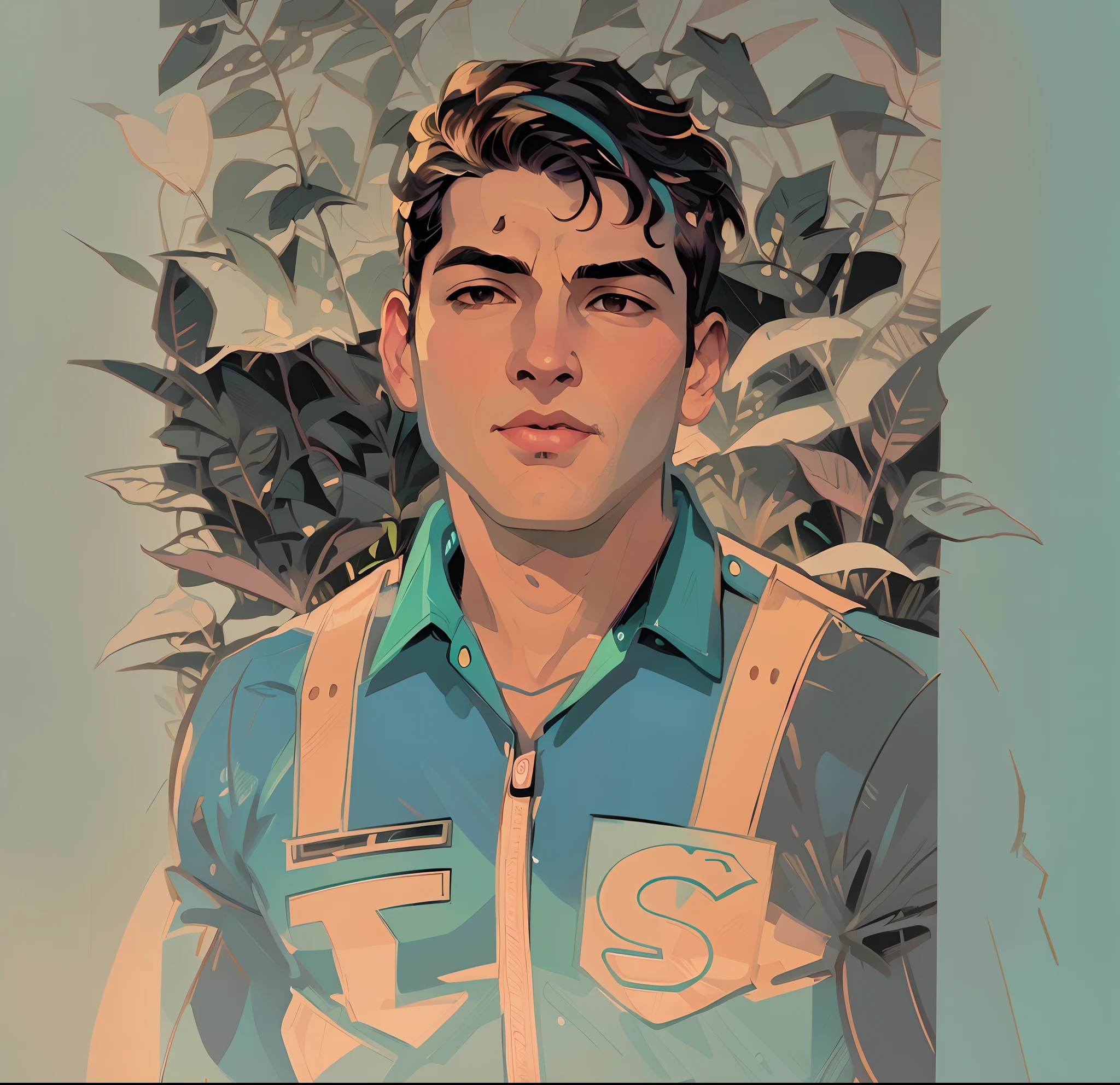 a close up of a man in a shirt and tie standing in front of a bush, portrait of jughead jones, jc leyendecker and sachin teng, textless, cliff chiang, age jughead jones, archie andrews, in the style of sachin teng, inspired by Adam Dario Keel, john romita senior, full color illustration, sachin teng, official art
