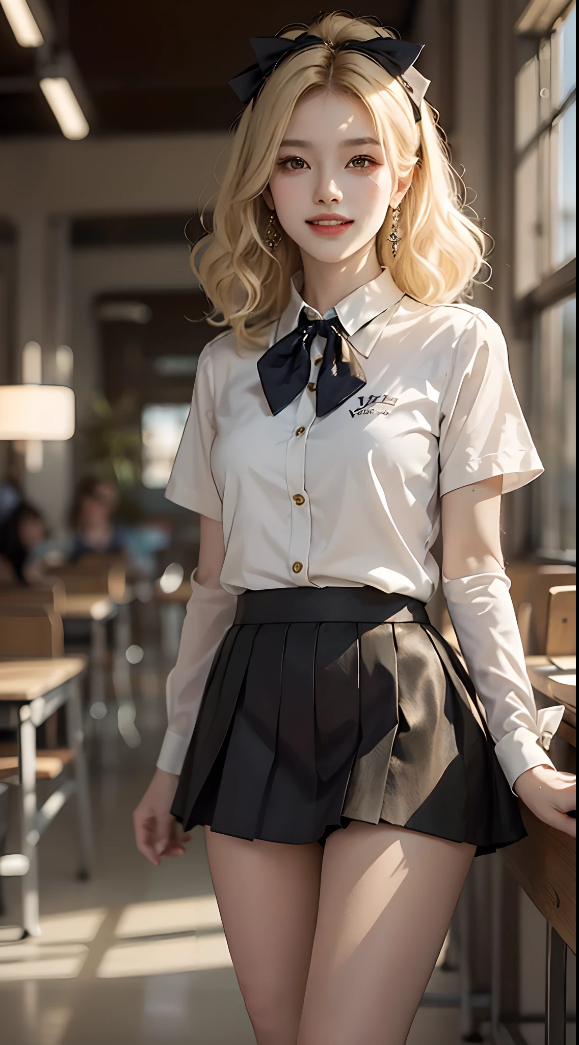 ((knee shot)), ((Parallel perspective)), ((Side shooting)), ((realistic)), ((Standing posture, Stand up, legs crossed)), inside a classroom, 1girll, looking toward the viewer, (grin, Leaking teeth), Asian model, curlies, Air bangs, Beautiful hair accessories, Brownish-yellow hair,((White color blouse, neck bowtie, Short black skirt)), ((Campus style)), (warm lights, a warm color palette), Detailed details, ultra-detailliert, (tmasterpiece, best qualtiy), (An extremely delicate and beautiful work), Delicate earrings, Simple blurred background, Extreme detail description, Ultra-fine painting, Delicate face, slim toned body
