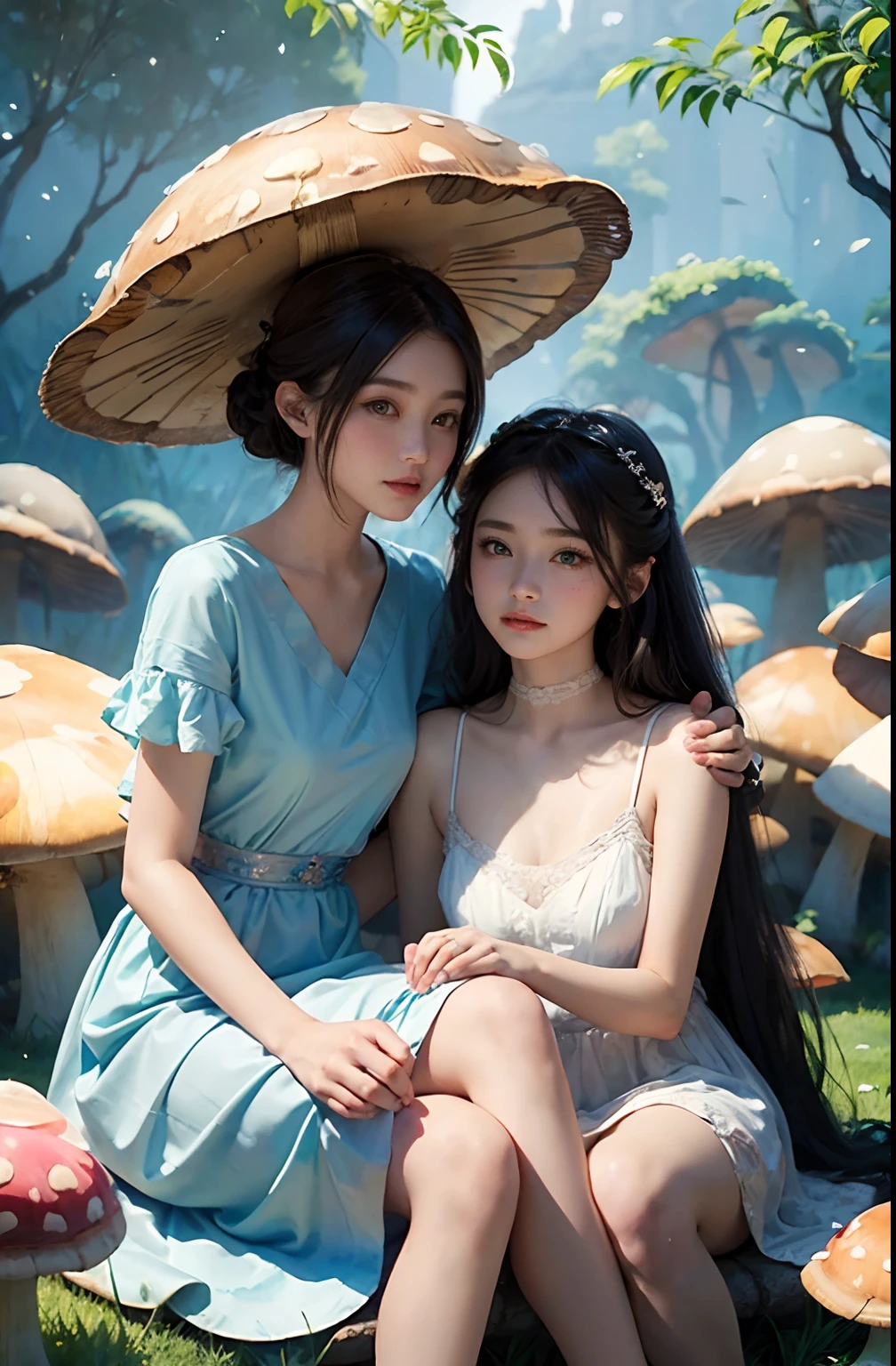 (Best quality,Masterpiece:1.2,Face focus:1.4,Wide eyes,Beautiful eyes:1.4,Dynamic posturing),
Break,
(a couple of lesbians:1.5) sitting together on a (giant mushroom:1.2),leering:1.2,Tutu dress,vivd colour,
Break,
Fantasy world,fantasy,((Watercolor painting)),ulzang-6500-v1.1,