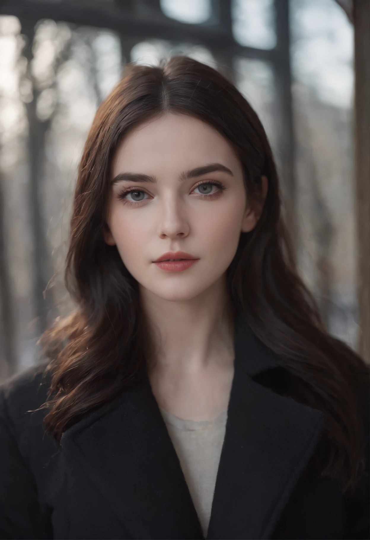 beautiful girl with realistic black eyes, pale skin, mid-length black hair, perfect face, perfect eyes, wearing coat, highly detailed, comprehensive cinematic, digital painting, 8k, cinematic lighting, best quality, highres, detailed work, post-processing, perfect result, hyper realistic