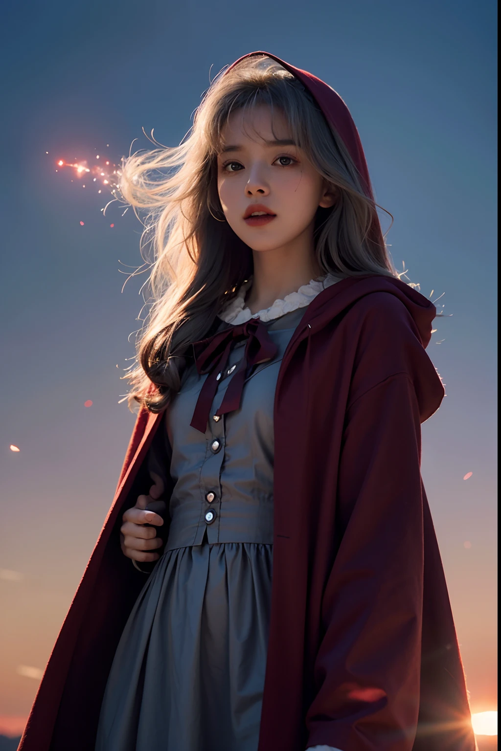 RAW photo, full sharp, (Full HD epic wallpaper) 8K  UHD, Digital SLR, Soft lighting, High quality, filmgrain, Fujifilm XT3, hiqcgbody, (1人, Kizi:1.2), vulnerable, Red eyes, Long gray hair,storm，Fluttering hair， buzz cut, Style - Gravity magic, Portrait, Looking down, Solo, Half shot, Detailed background, Detailed face, Pale complexion,(( ta costume)), redcloak, Cape, Hood, malicious expression, The scarlet symbol rotates in the air,( Floating particles, Fire particles, particle fx), Skylight color scheme,  red flames, the are In the background, Surrounded by a crimson mist, Sunset, symetrical composition, Epic atmosphere,