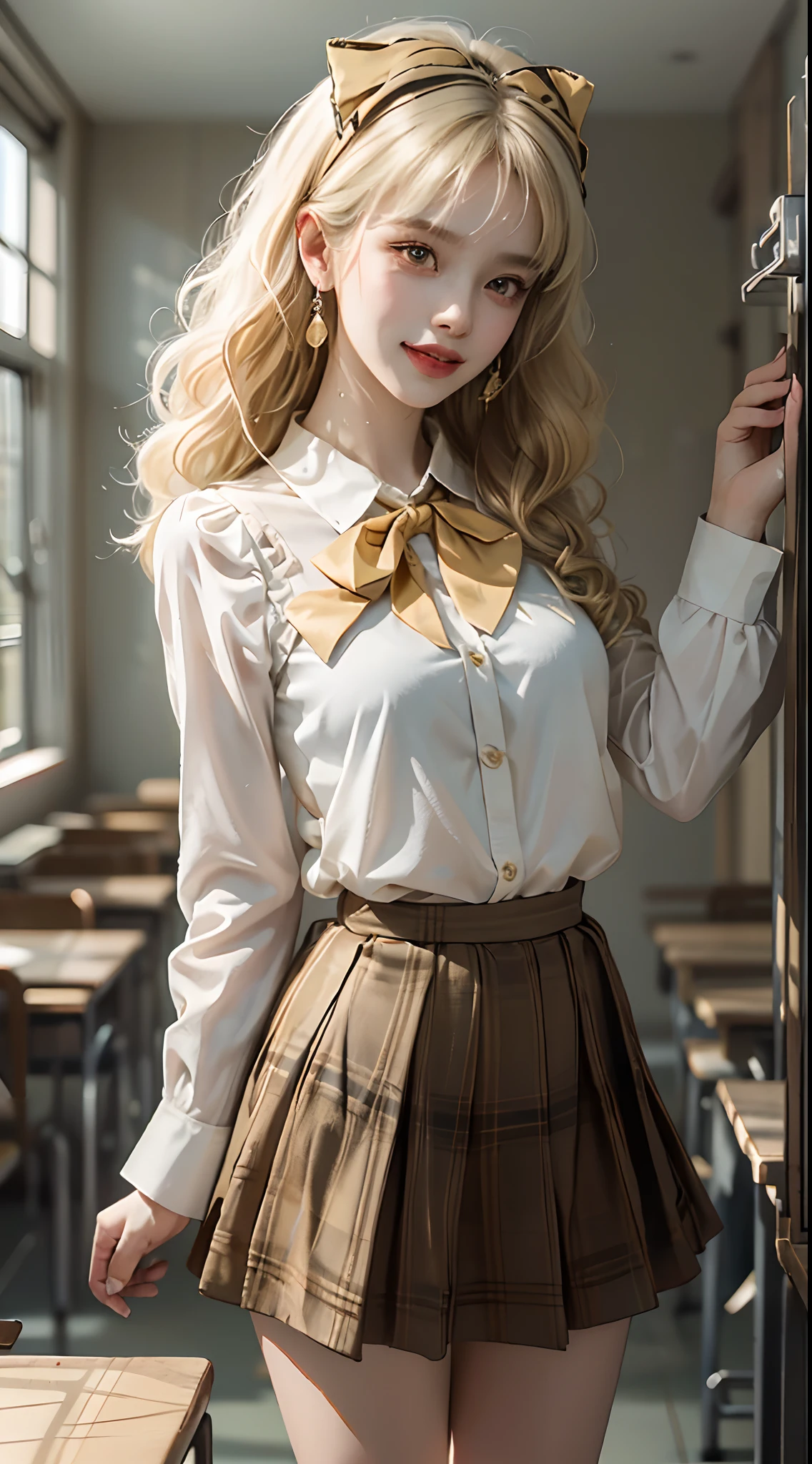 ((knee shot)), ((Parallel perspective)), ((Side shooting)), ((realistic)), ((Standing posture, Stand up, legs crossed)), inside a classroom, 1girll, looking toward the viewer, (grin, Leaking teeth), Asian model, curlies, Air bangs, Beautiful hair accessories, Brownish-yellow hair,((White color blouse, neck bowtie, Short black skirt)), ((Campus style)), (warm lights, a warm color palette), Detailed details, ultra-detailliert, (tmasterpiece, best qualtiy), (An extremely delicate and beautiful work), Delicate earrings, Simple blurred background, Extreme detail description, Ultra-fine painting, Delicate face, slim toned body