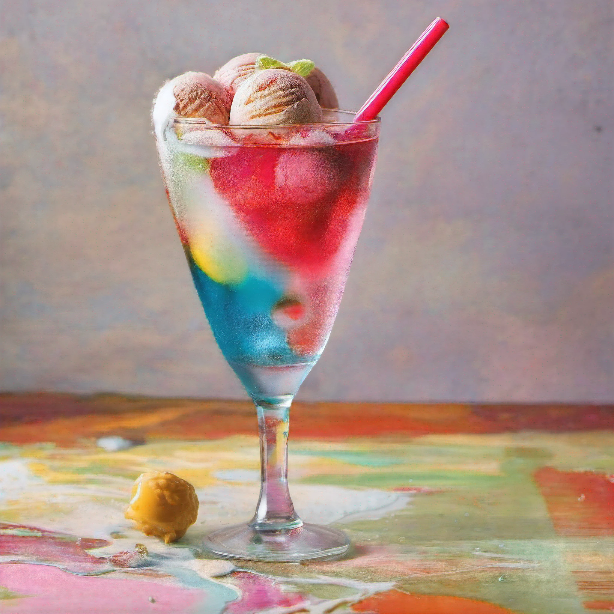 glass with ice cream on top of brightly colored carbonated water