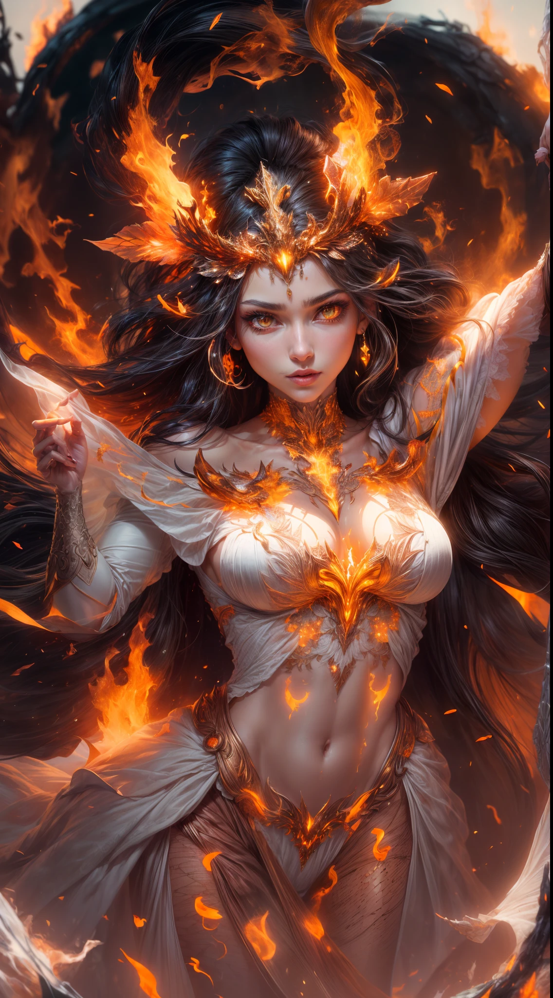 This is a realistic fantasy artwork prominently featuring realistic fire, including wisps of flames, glowing hot embers, subtle curls of smoke, and a beautiful fire druid. The druid stands in the midst of a raging inferno with an interesting composition. Her face is expertly sculpted, with elegant and refined features and perfect shading and realistic skin texture. Her (orange and gold eyes) are stunning and are the focal point of this image. (Her eyes extremely detailed, beautiful detailed eyes, and macro). Her eyes feature intricate detailing with clearly defined irises and bright sclera. Her soft lips are smooth and very puffy, and her skin is adorned with a light flush and ornate fire detailing. Her long gown is stunning and expensive, and is made of pure flames and glittering, ornate jewels that glimmer in the fire light. Her billowing gown glitters from the flames and features a delicately and intricately embroidered bodice with wisps of flames running across it. Include fantasy elements like bumps, stones, fiery iridescence, glowing embers, silk, and an interesting background. Include fiery magical creatures such as fiery birds and fiery butterflies that give off a magical and mystical aura. Lighting: Utilize the latest trends in lighting to enhance the artwork's beauty. Camera: Utilize dynamic composition to create a sense of urgency and excitement. Take inspiration from the current masters of the fantasy genre, including trending artists on Artstation and Midjourney. ((masterpiece))