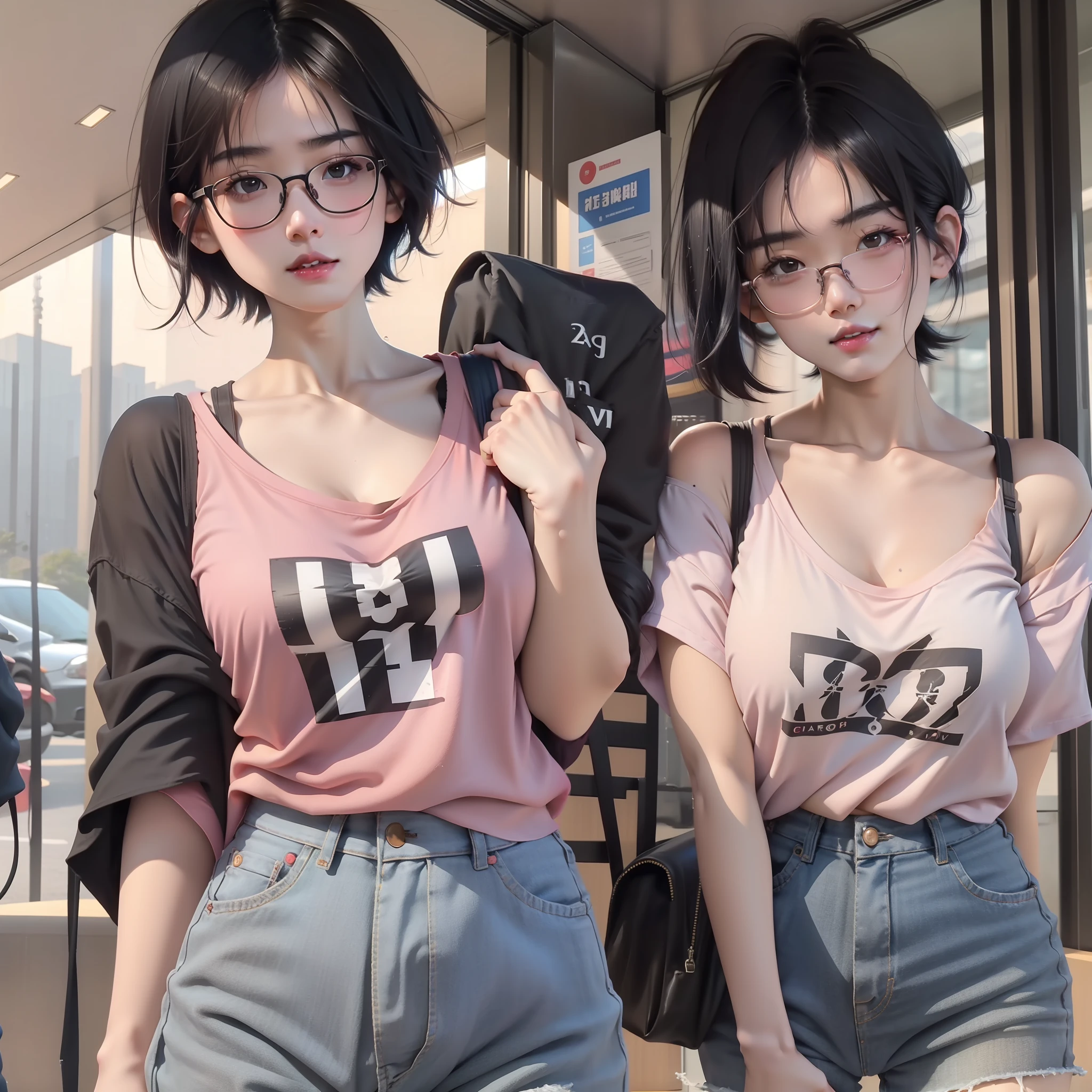 Short haired girl, perfect body, asian, glasses, standing, black hair, black eyes, pink lips, short denim, loose t shirt, big thighs, long legs, medium chest, cute face, red cheeks