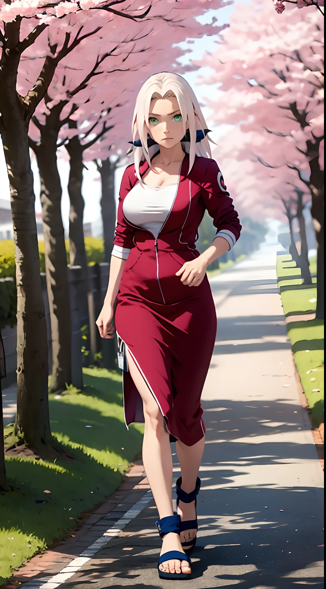 tmasterpiece, Best quality in the best, 1girll, Sakura Haruno, big boobs,schulterfreie Kleidung,(Spaltung),Sexy erzogen,is shy,missmutig,mit rosa Haaren, Long white hair, (green eyes:1.4), Stirnschutz, The cherry trees,Flying cherry blossoms,perfekter runder arsch,von hinten,Full Body Portrait