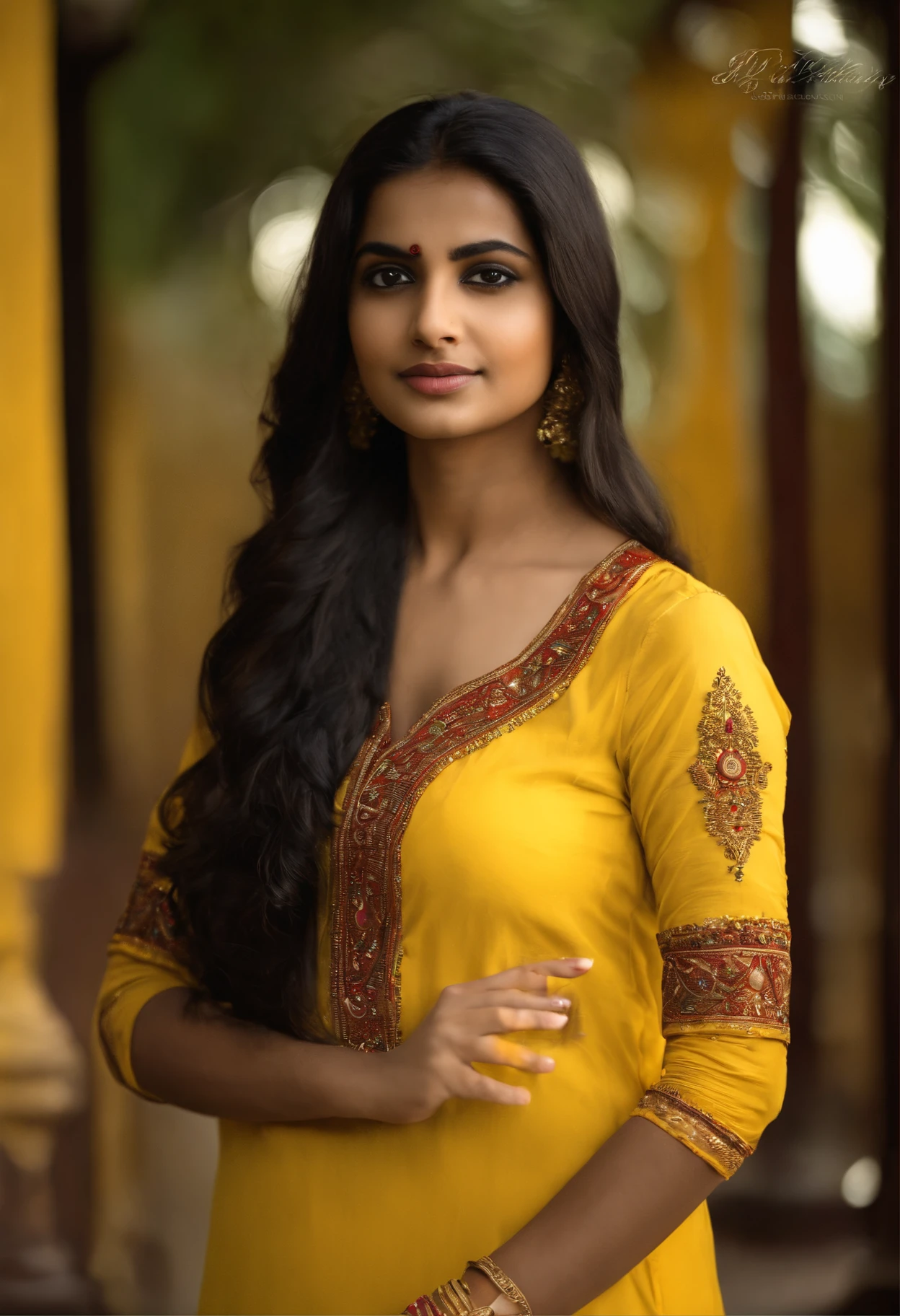An Indian girl age 20 wearing yellow kurta and white leggings and open Black hair and brown eyes and bindi on forehead
