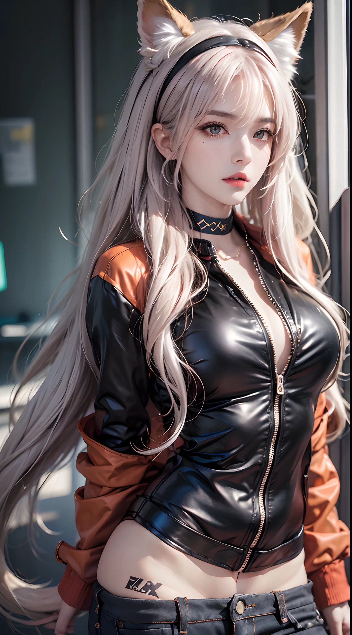 Photorealistic, high resolution, 1 woman, Hips up, Beautiful eyes, Long hair, ringed eyes, jewelry, tattoo, infection monitor (arknights), angelina (arknights), blush, twintails, hairband, animal ears, red hairband, closed mouth, fox ears, bangs, red jacket, black shirt, shirt, orange eyes, jacket