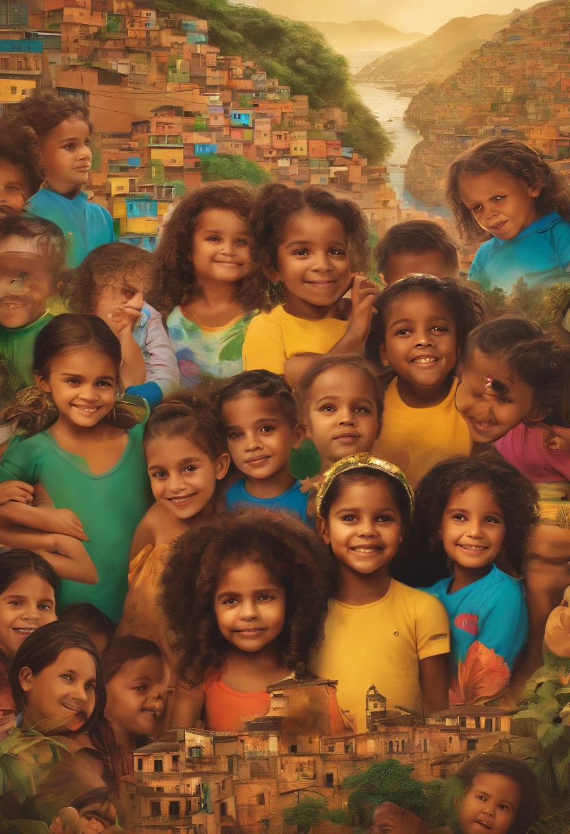 image of the map of Brazil with favelas and children's faces