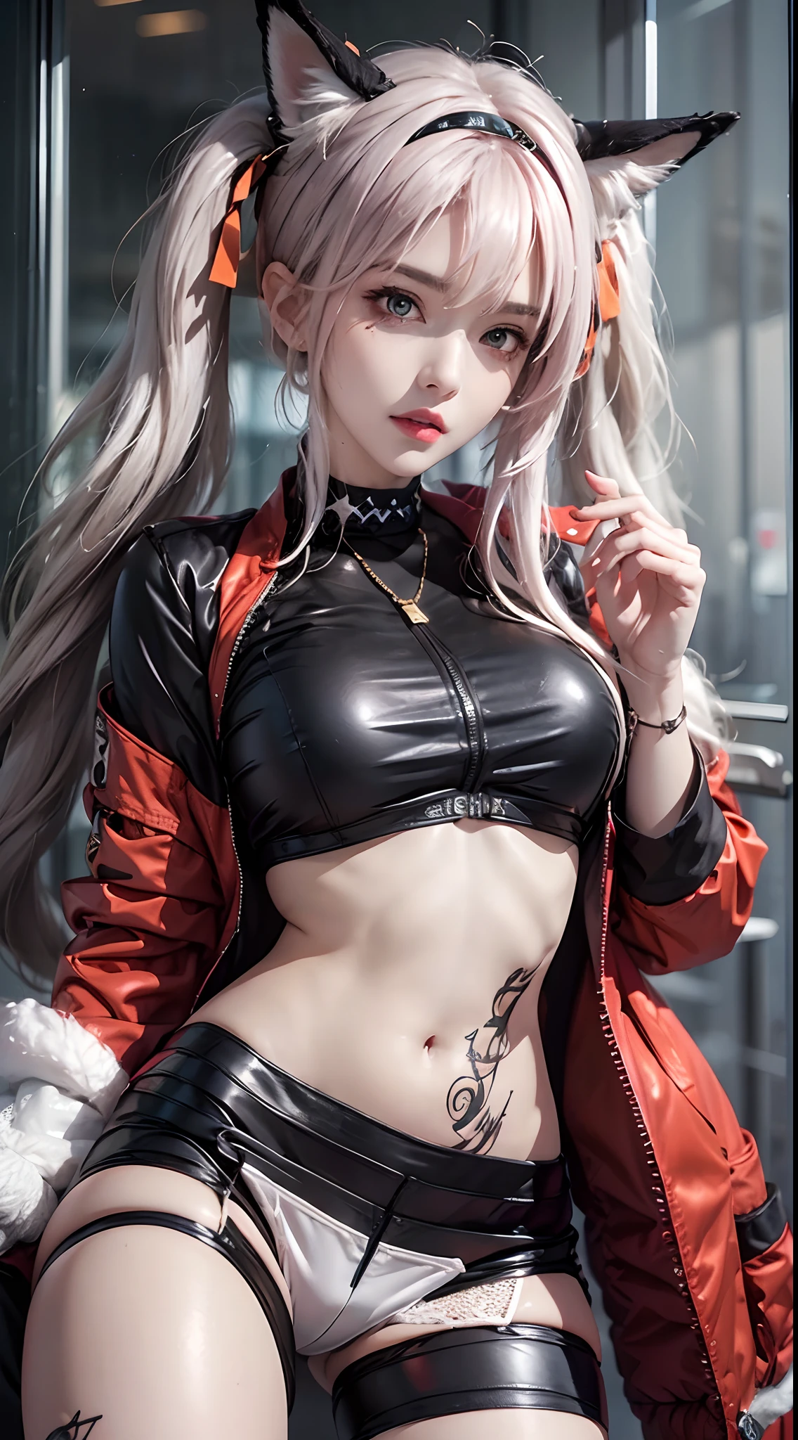 Photorealistic, high resolution, 1 woman, Hips up, Beautiful eyes, Long hair, ringed eyes, jewelry, tattoo, infection monitor (arknights), angelina (arknights), blush, twintails, hairband, animal ears, red hairband, closed mouth, fox ears, bangs, red jacket, black shirt, shirt, orange eyes, jacket
