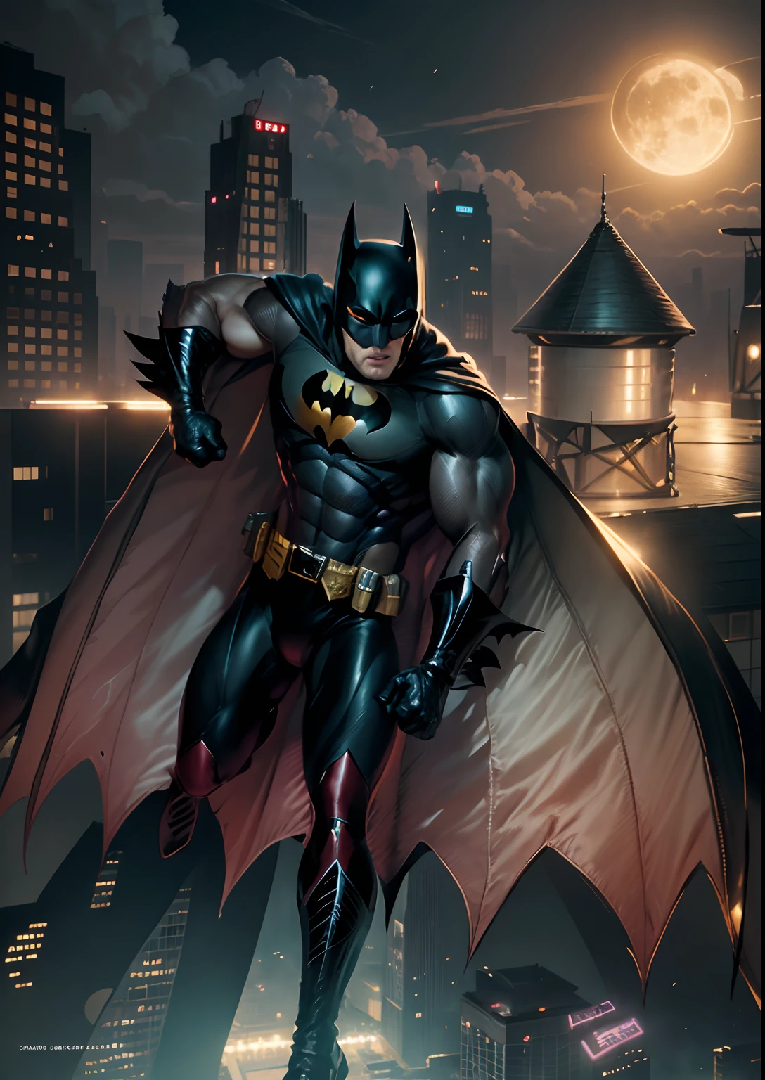 masterpiece, high quality images, high detailed images, perfect face, Batman na cidade, torre WAYNE ao fundo , noite com lua cheia, telhados de Gotham, buildings in the background realistic drawing , inspirado em Jim Lee, O Batman, Estilo arzach de quadrinhos, Mecha do Batman, Retrato de Batman, inspirado em Bickenbach, inspirado em Neal Adams, desenho realista de quadrinhos, Retrato do Batman, Kevin Porter Batman, Do filme Batman, arte realista, Directed by: Free Pejic, Fantastic Art, 8k