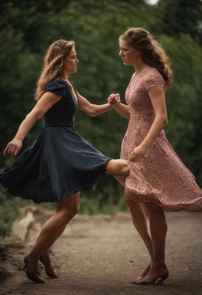 Brawl between young women in dresses catfight