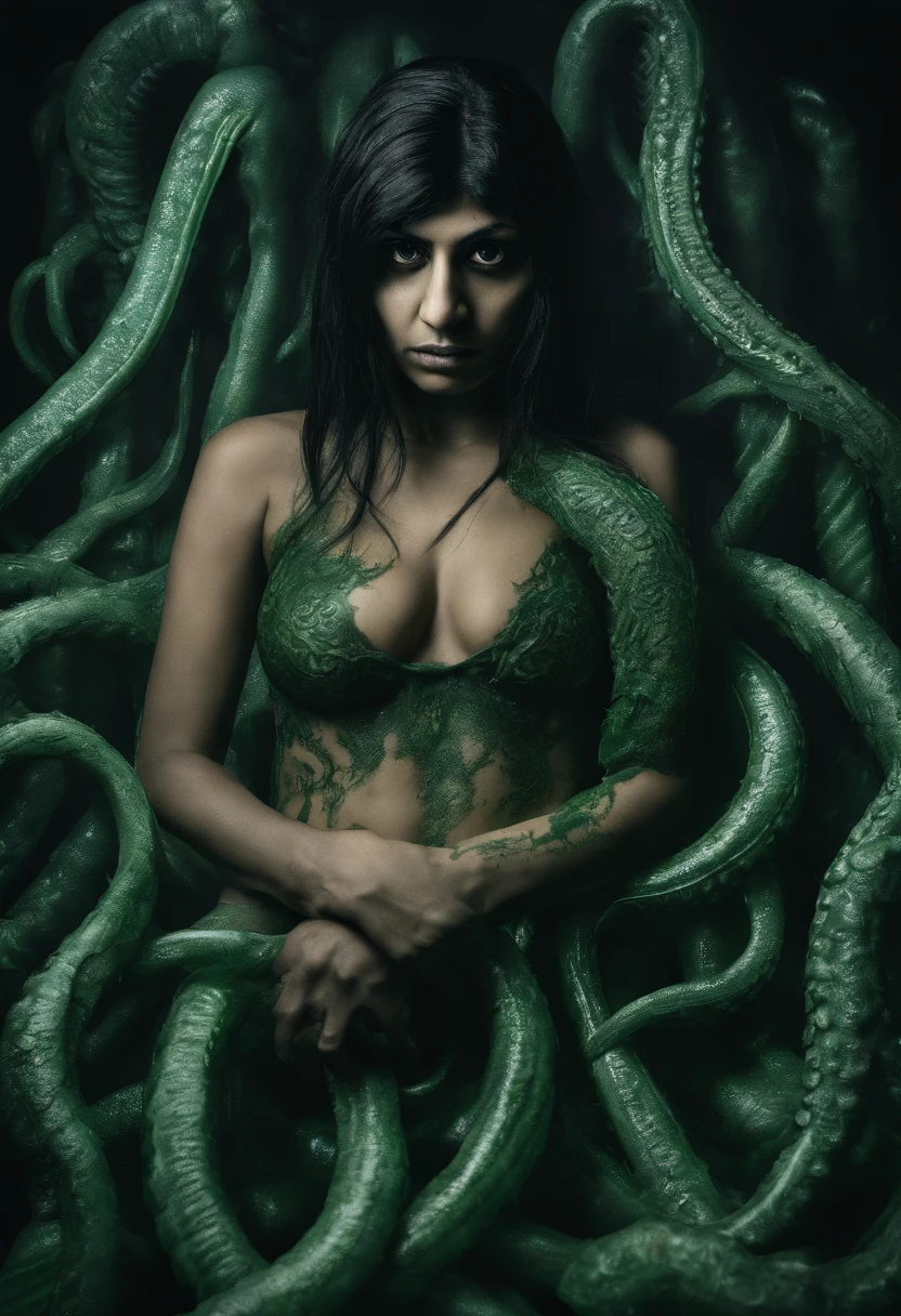 Mia Khalifa Naked plays with tentacles and is covered with green all over her body