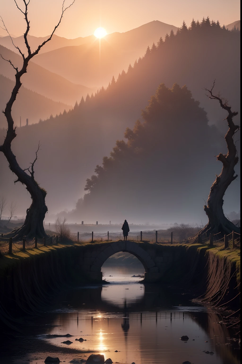 Withered vines, old trees, dark crows, small bridges and flowing water, people on the ancient road, westerly wind and thin horses, the sun sets, heartbroken people are at the end of the world