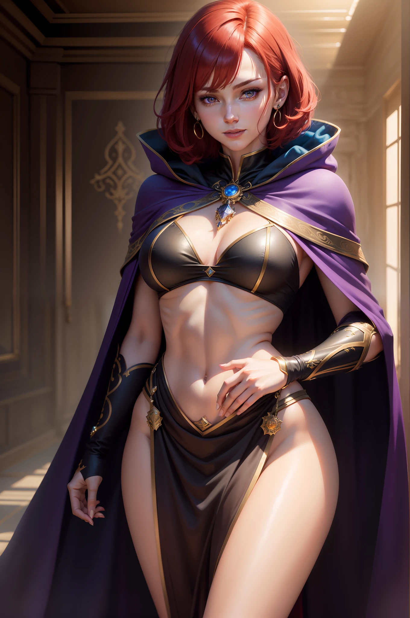 Photorealistic, High resolution, Soft light,1womanl, Solo, hips up high, (Detailed face), Short bob with red hair, Black cloak, Blue and gold exterior , Ear-piercing Jewelry Glowing purple eyes Slender lower body enticing 超A high resolution super precision Cold smile real looking skin