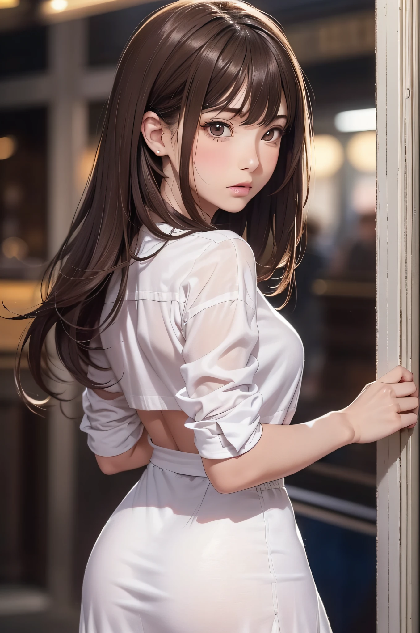 (1girl:1.3), (photorealistic:1.4), (masterpiece, top quality, best quality, official art), extreme detailed, highest detailed, (ultra-detailed), ((an extremely delicate and beautiful)), cinematic light, contemporary,
silky long hair, (brown hair),
she standing at the station, in evening,
white shirt, long skirt,
upper body, from above,
shy, blush, (looking back:1.4)